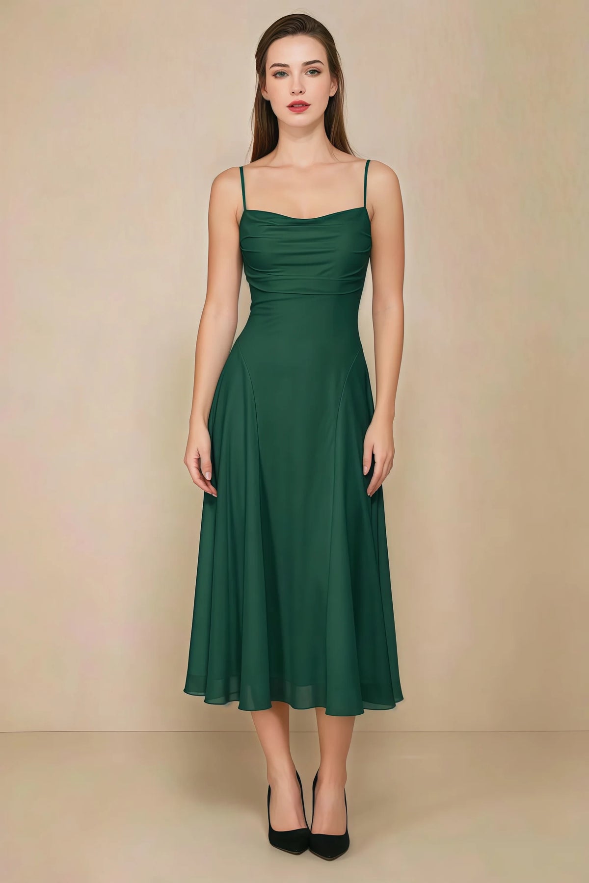 Alina Emerald Green Satin Crisscross Lace-Up Back Midi Dress Imagen principal del producto