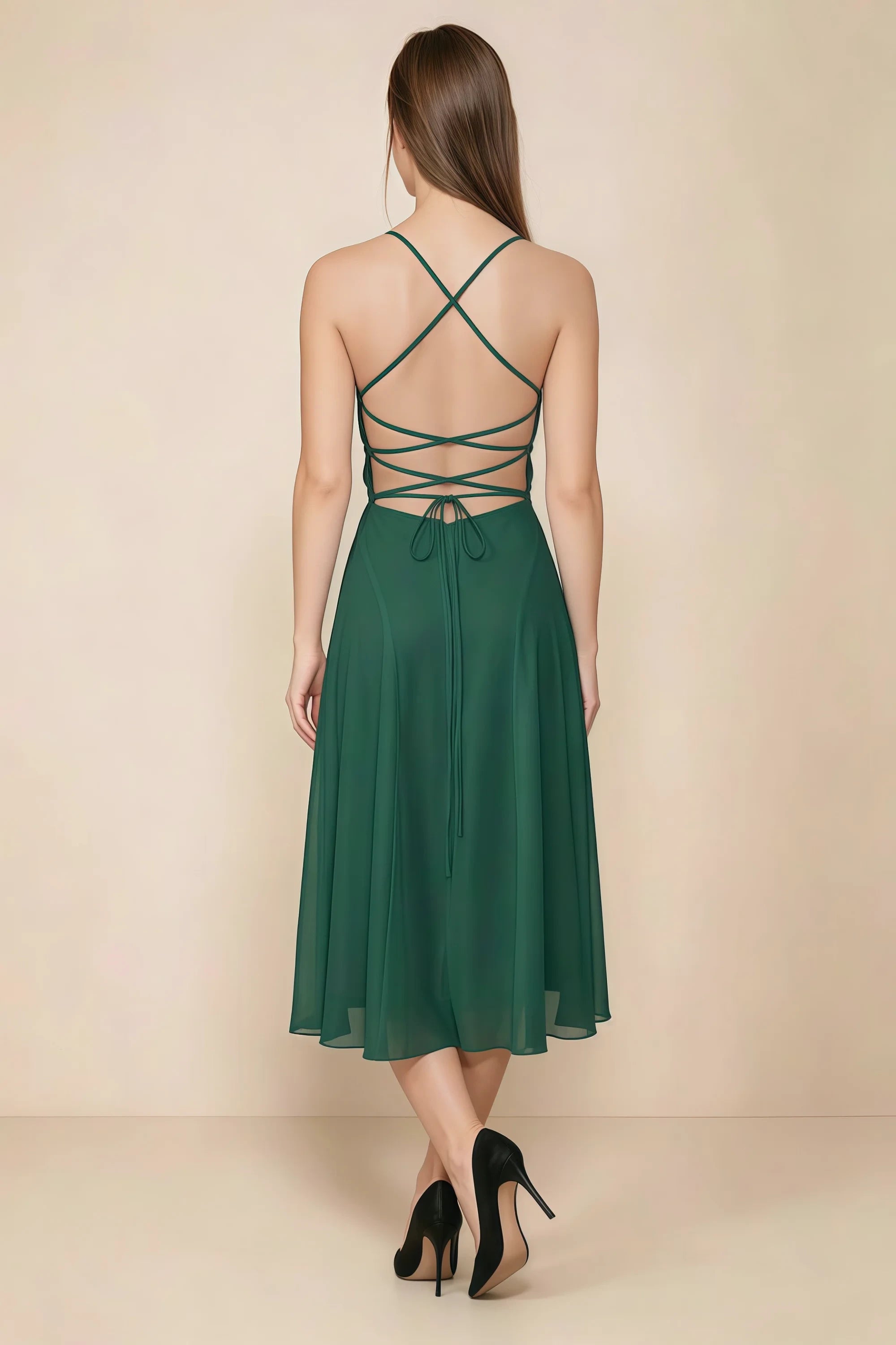 Alina Emerald Green Satin Crisscross Lace-Up Back Midi Dress Imagen secundaria del producto