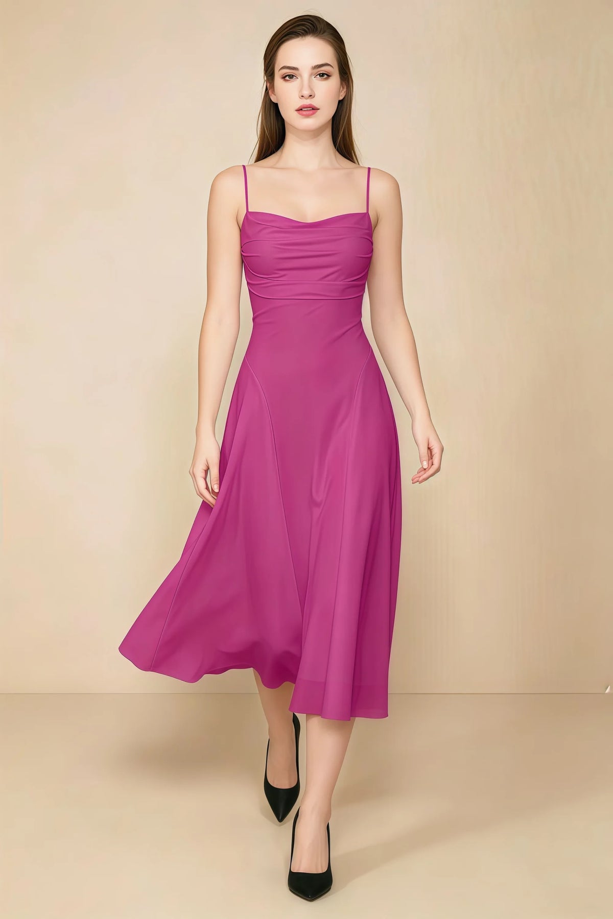 Alina Fuchsia Satin Crisscross Lace-Up Back Midi Dress Imagen principal del producto