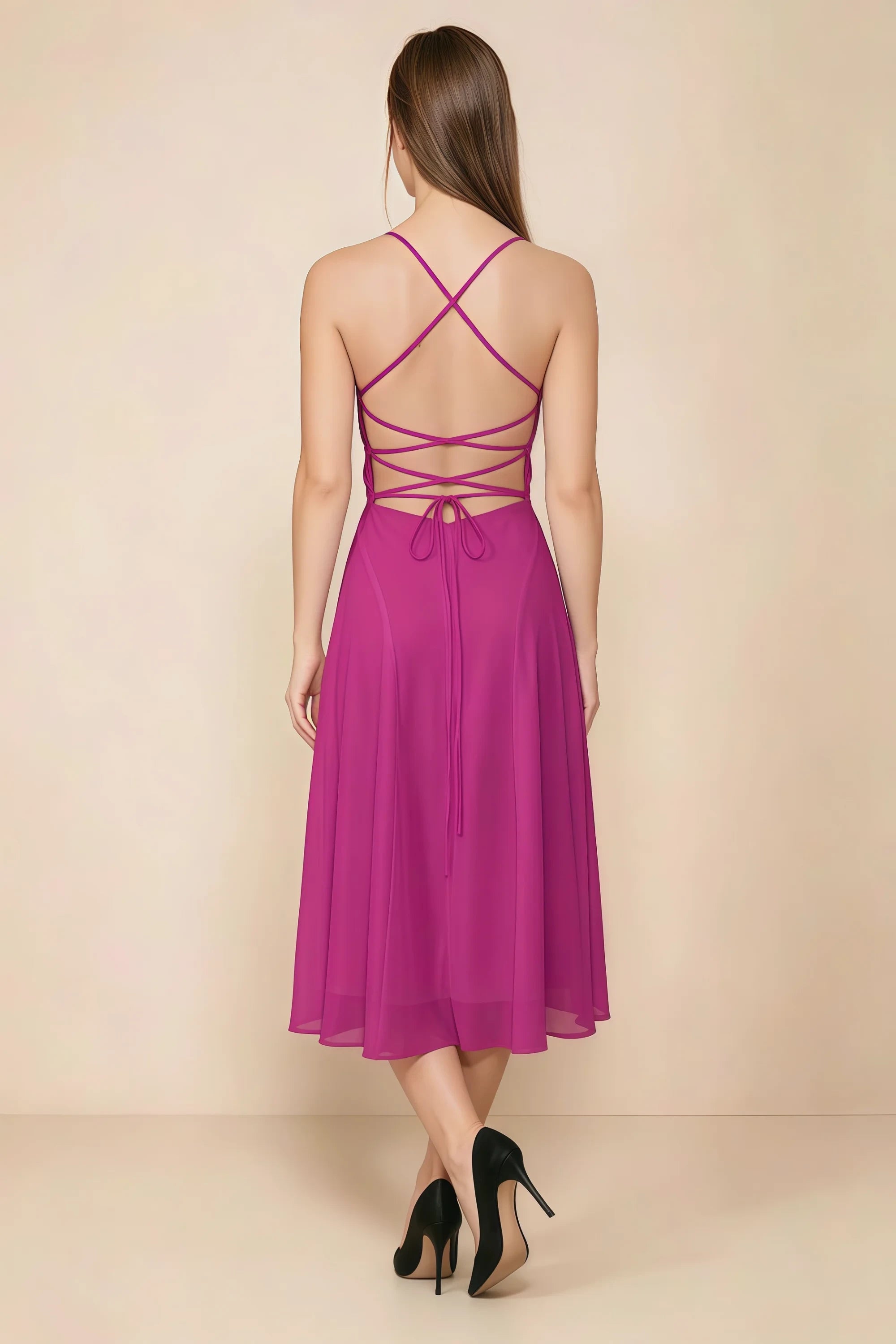 Alina Fuchsia Satin Crisscross Lace-Up Back Midi Dress Imagen secundaria del producto