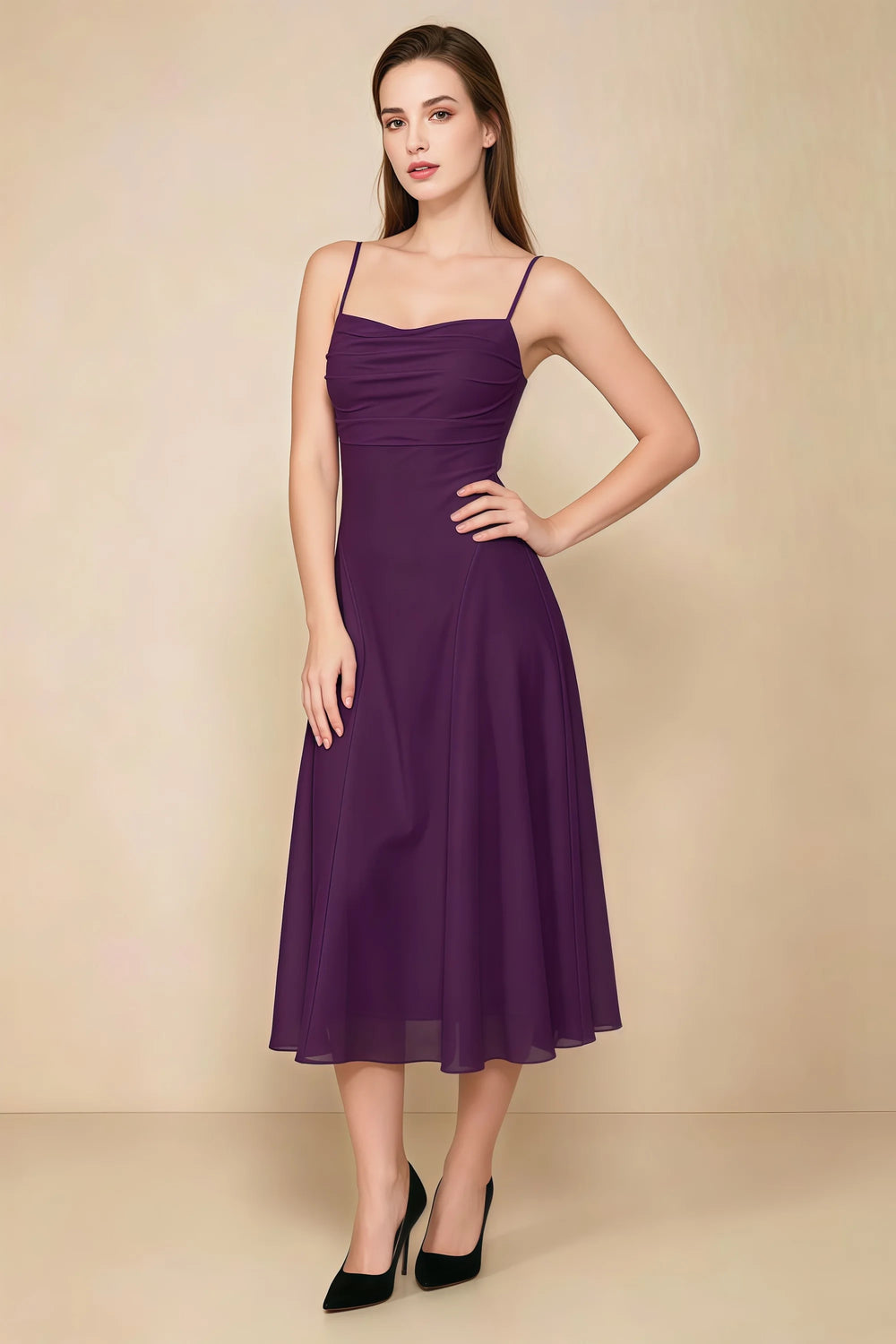 Translation missing: en.Front view of the LVLVS Alina grape midi dress, showing the draped neckline, thin shoulder straps and flowing flared skirt. content.product_image_main