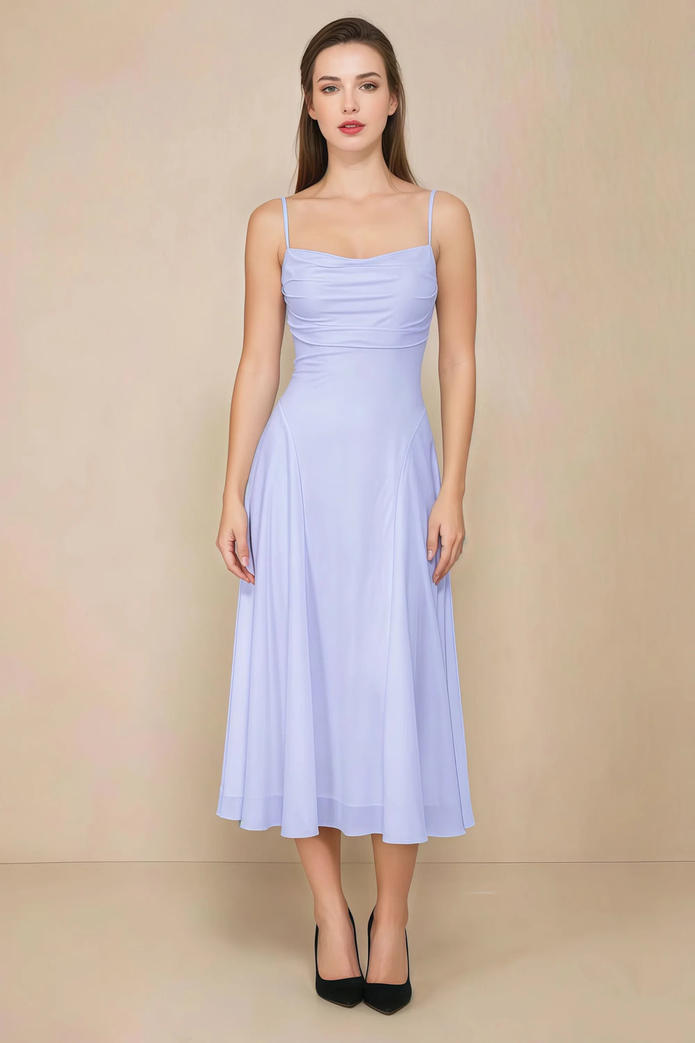 Translation missing: en.Front view of the LVLVS Alina lavender midi dress, showing the draped neckline, thin shoulder straps and flowing flared skirt. content.product_image_main