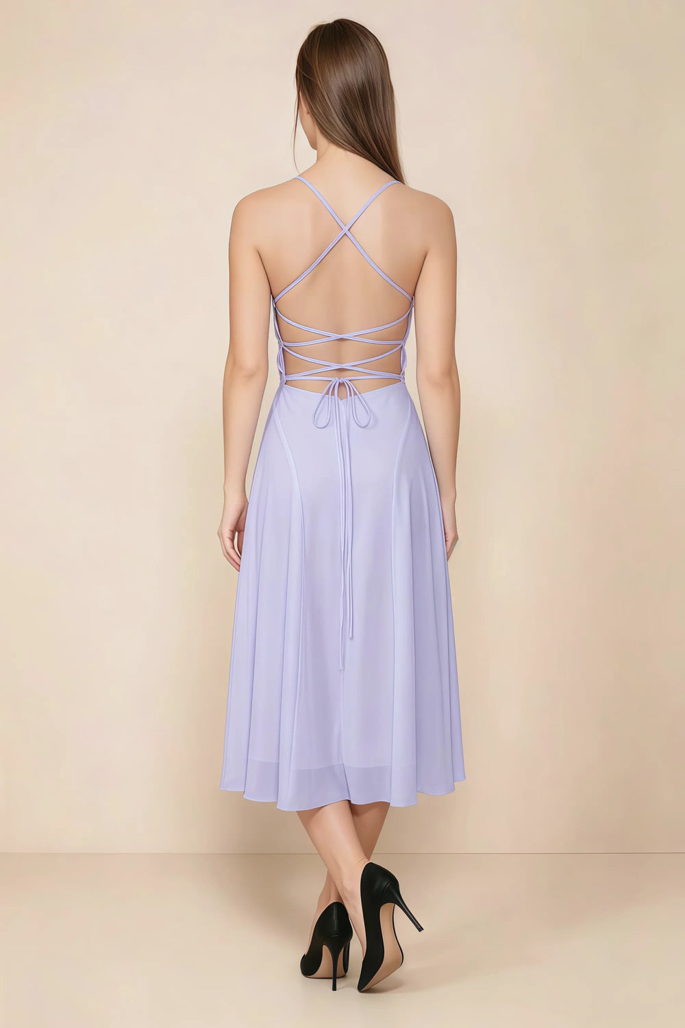 Translation missing: en.Back view of the LVLVS Alina lavender midi dress, showing the open back, crisscross straps and lace-up waist ties. content.product_image_secondary