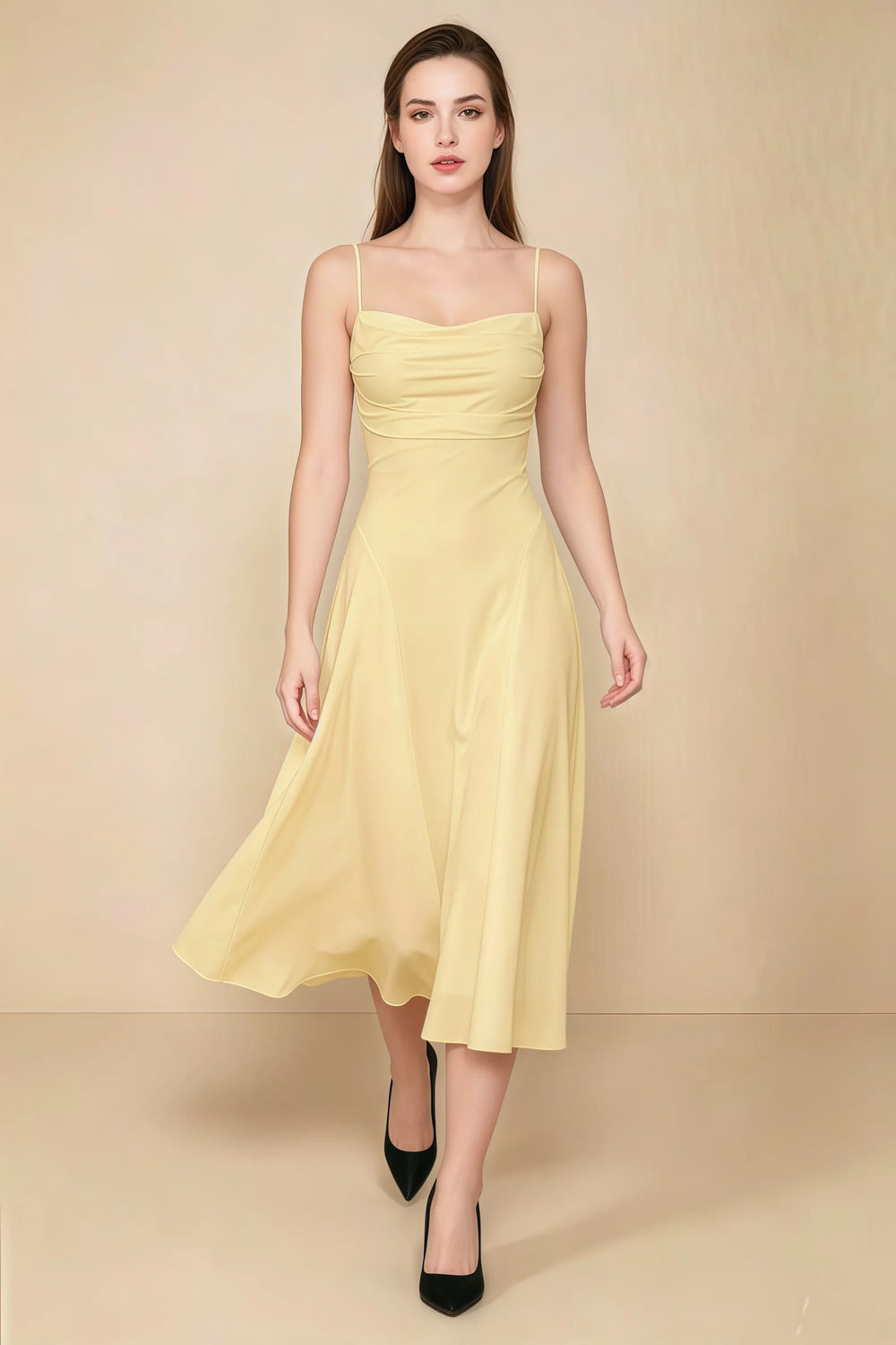 Translation missing: en.Front view of the LVLVS Alina lemon midi dress, showing the draped neckline, thin shoulder straps and flowing flared skirt. content.product_image_main