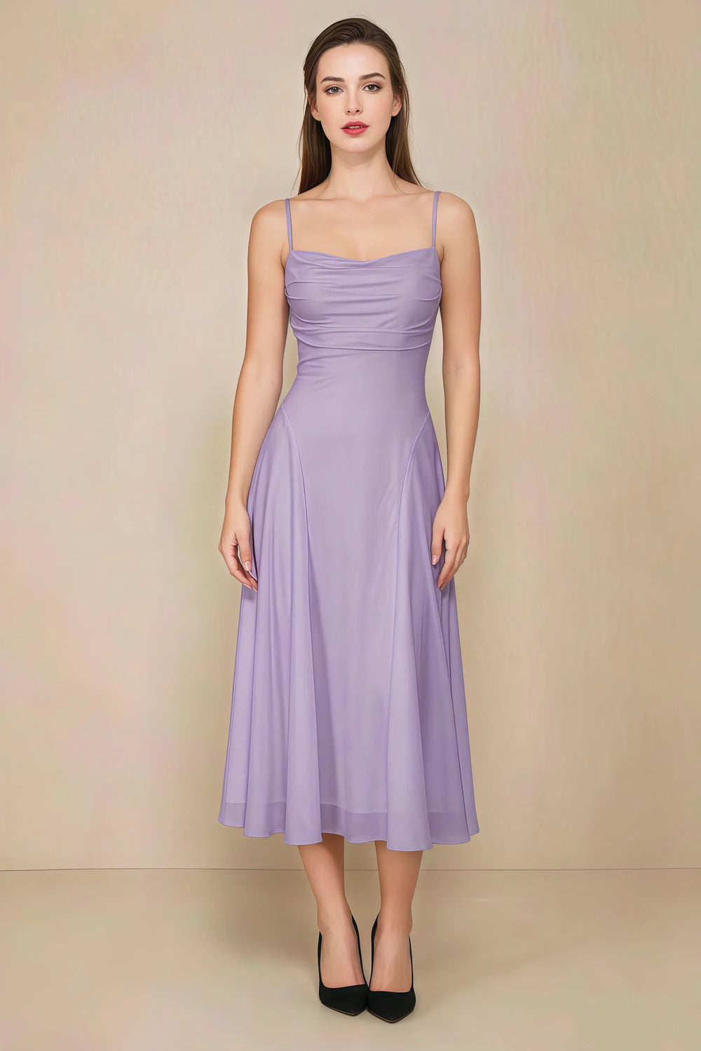 Translation missing: en.Front view of the LVLVS Alina lilac midi dress, showing the draped neckline, thin shoulder straps and flowing flared skirt. content.product_image_main