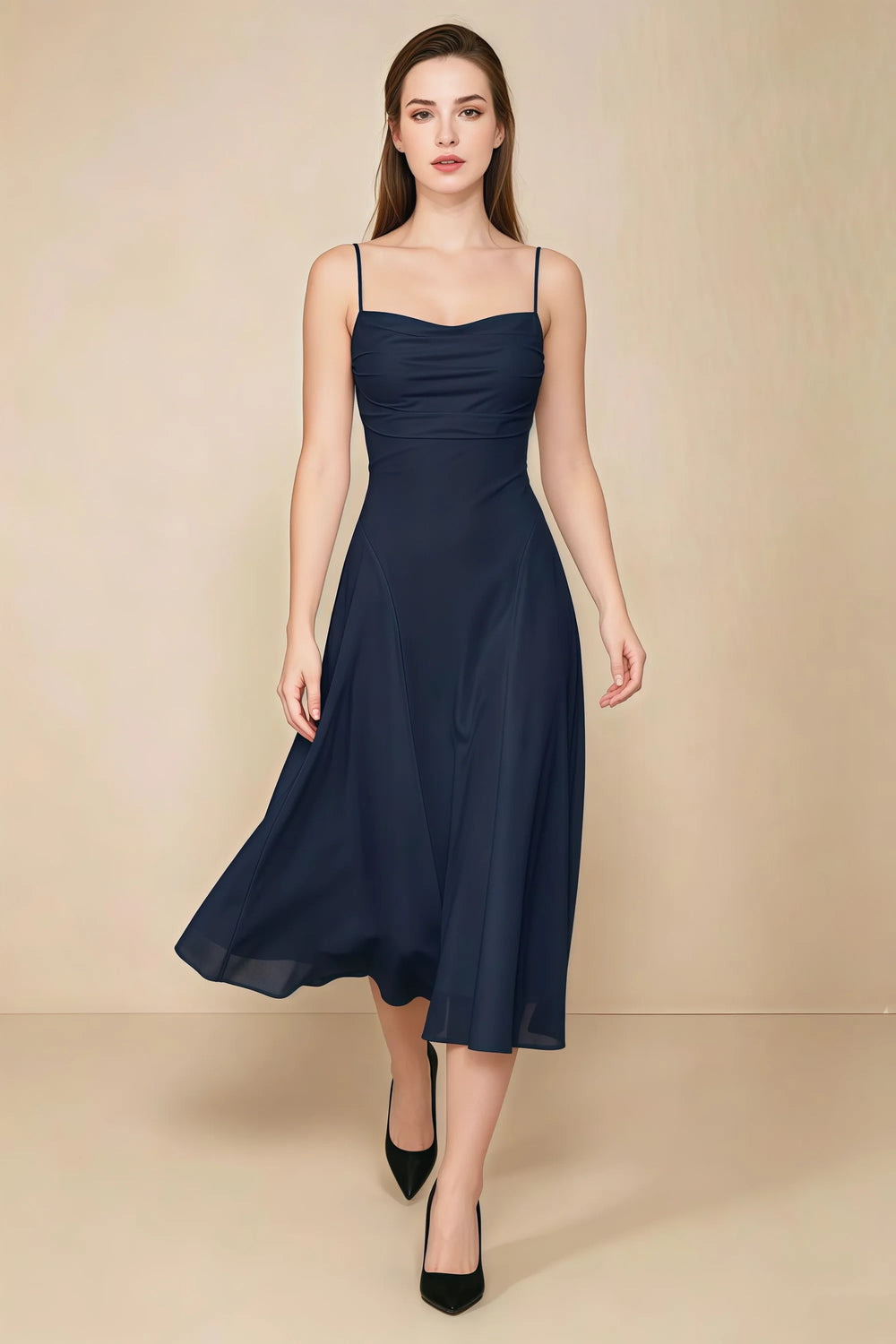 Translation missing: en.Front view of the LVLVS Alina navy midi dress, showing the draped neckline, thin shoulder straps and flowing flared skirt. content.product_image_main