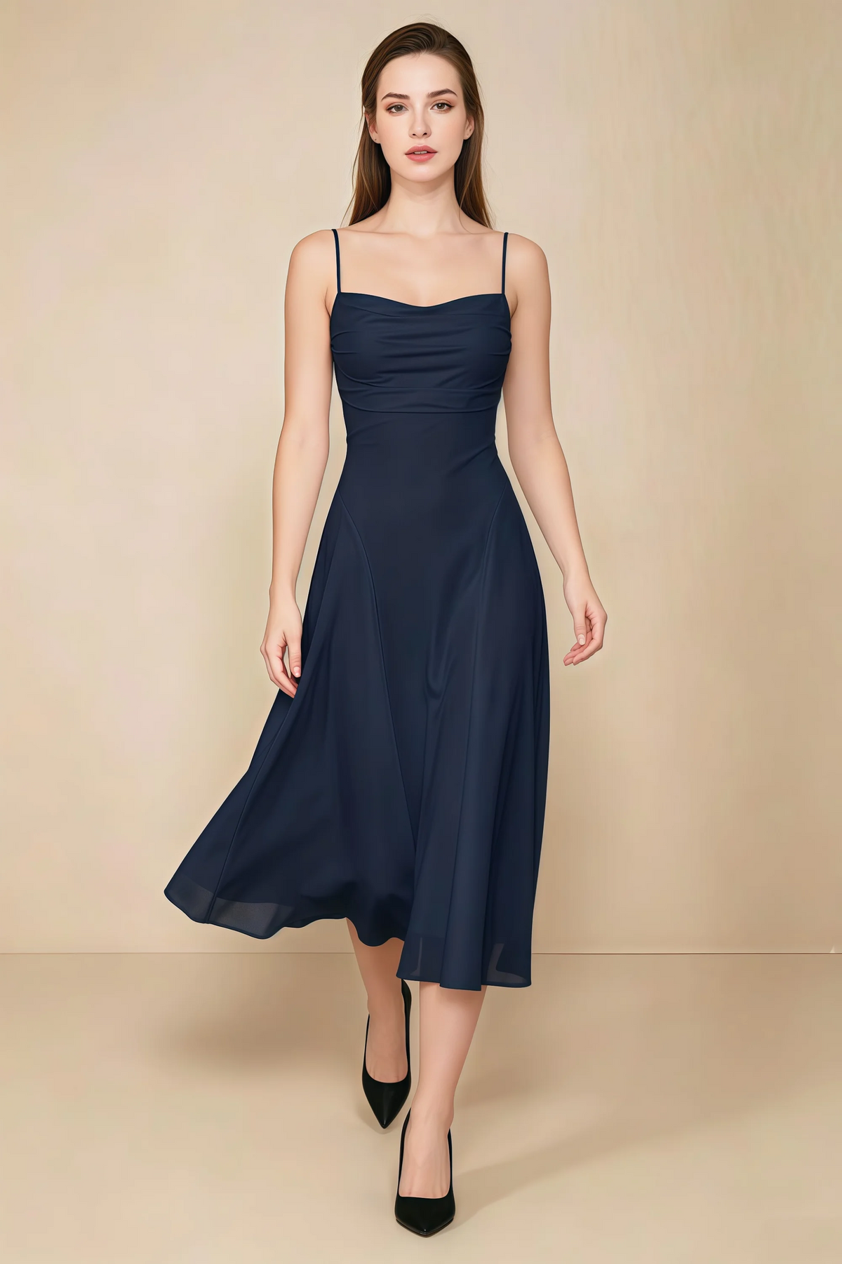 Alina Navy Satin Crisscross Lace-Up Back Midi Dress Main image