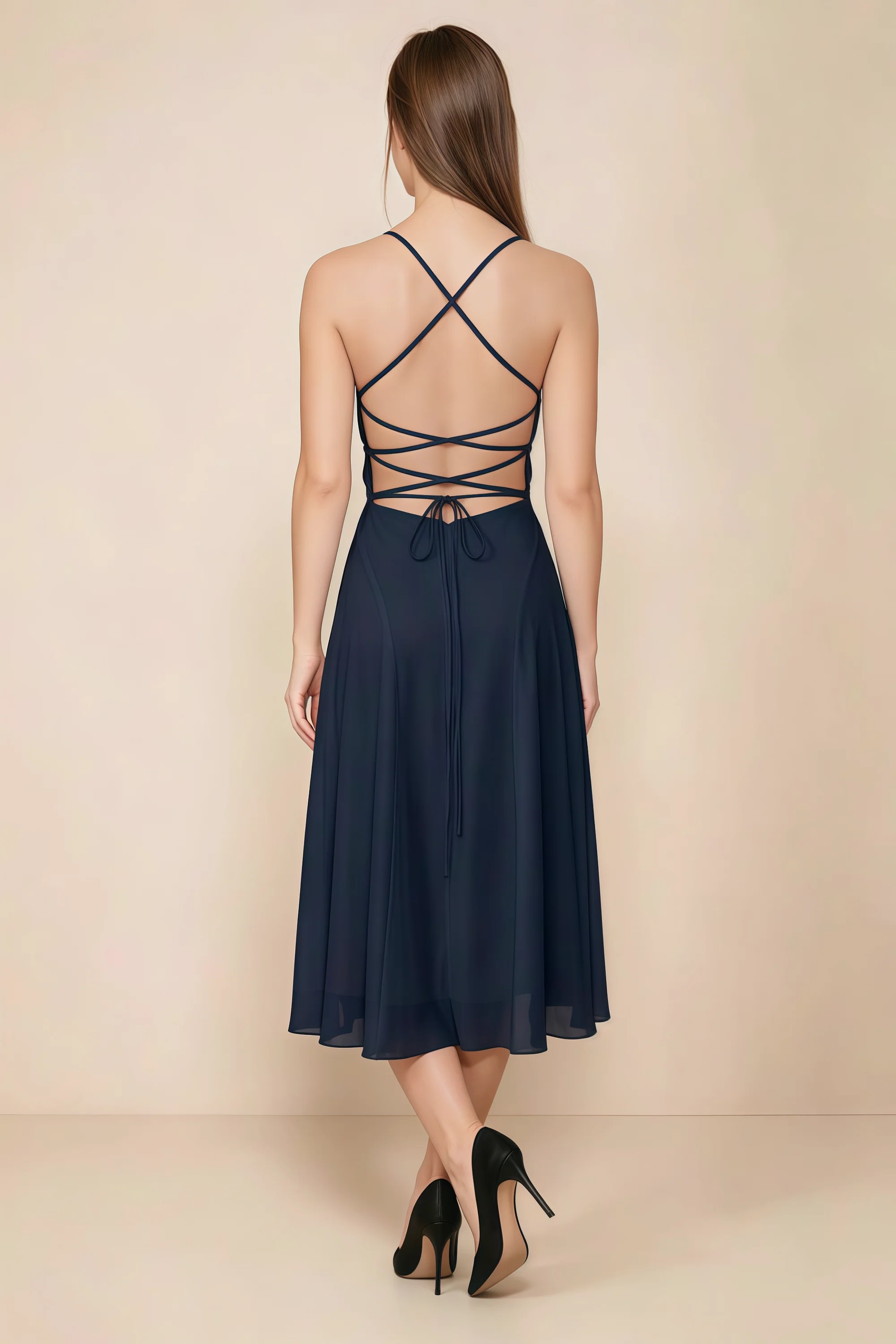 Alina Navy Satin Crisscross Lace-Up Back Midi Dress Secondary image