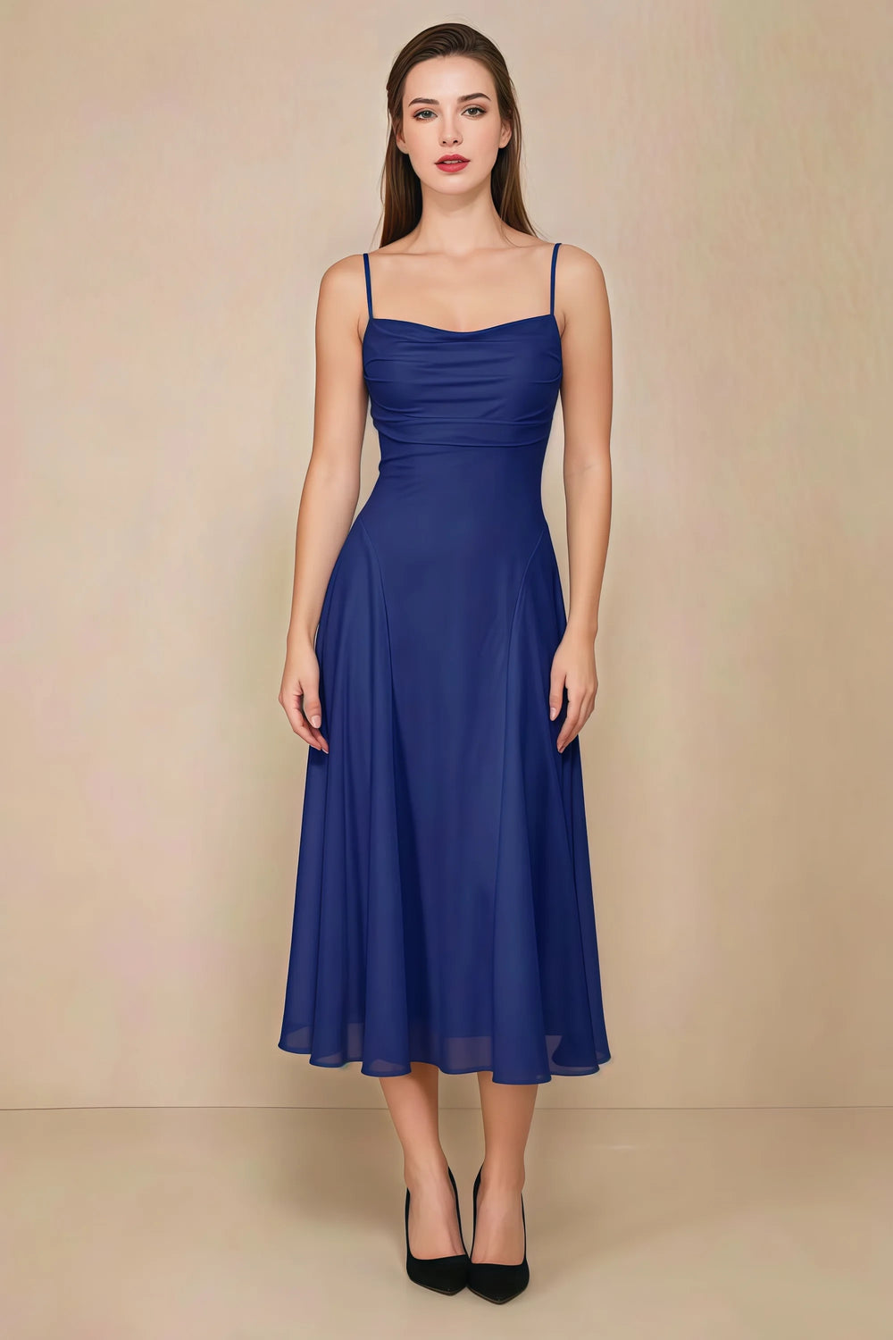 Translation missing: en.Front view of the LVLVS Alina royal blue midi dress, showing the draped neckline, thin shoulder straps and flowing flared skirt. content.product_image_main