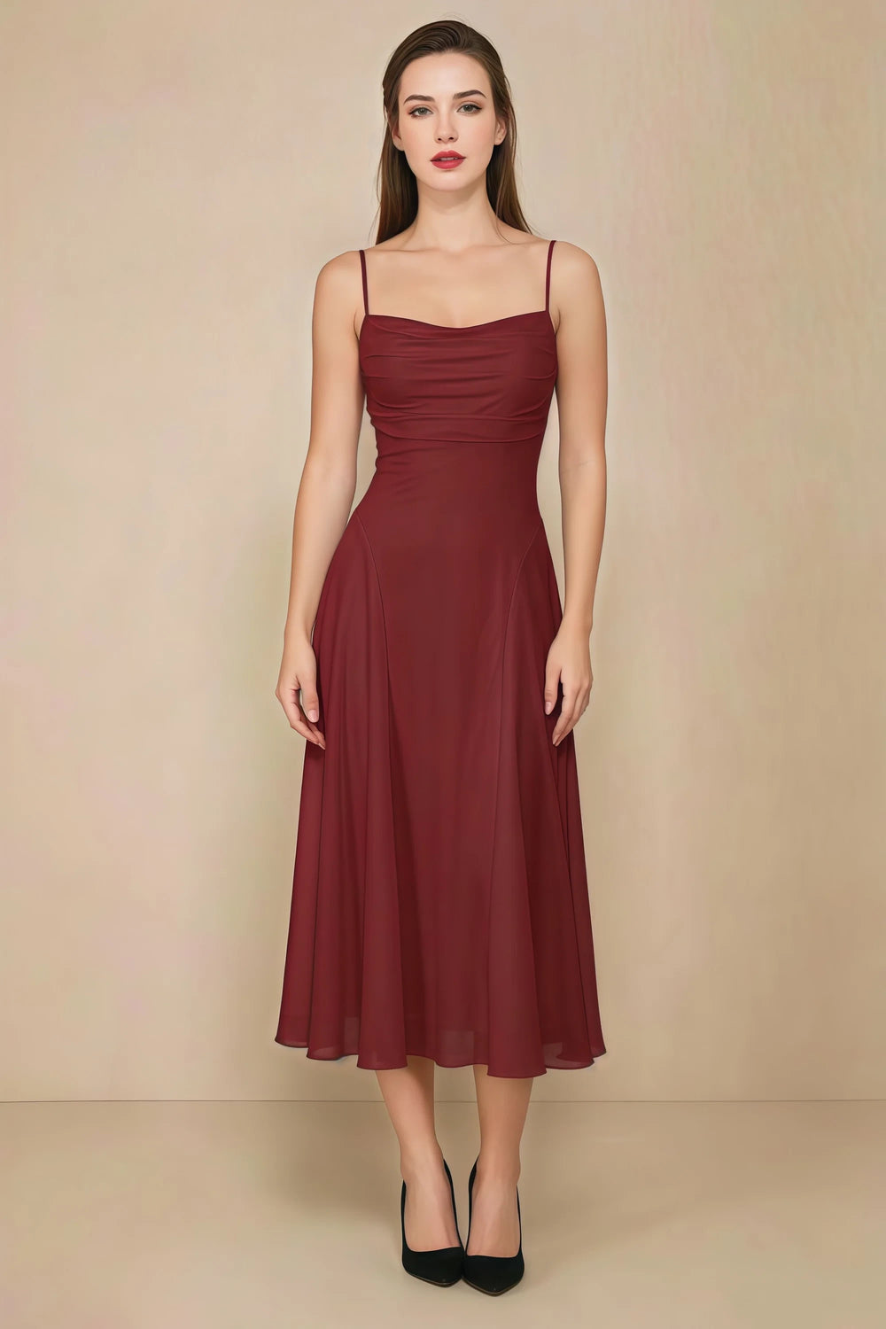 Translation missing: en.Front view of the LVLVS Alina rust midi dress, showing the draped neckline, thin shoulder straps and flowing flared skirt. content.product_image_main