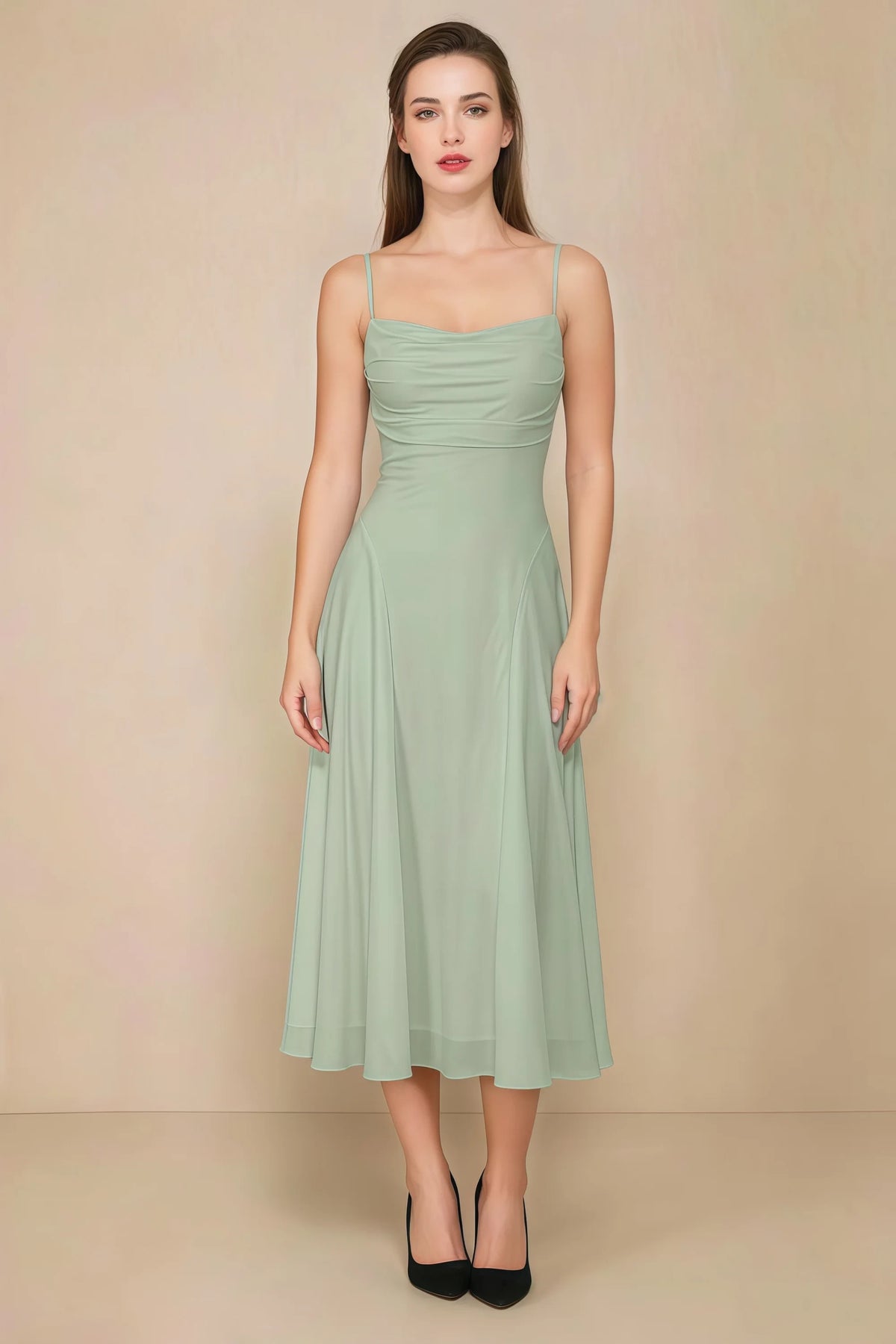 Alina Sage Green Satin Crisscross Lace-Up Back Midi Dress Imagen principal del producto