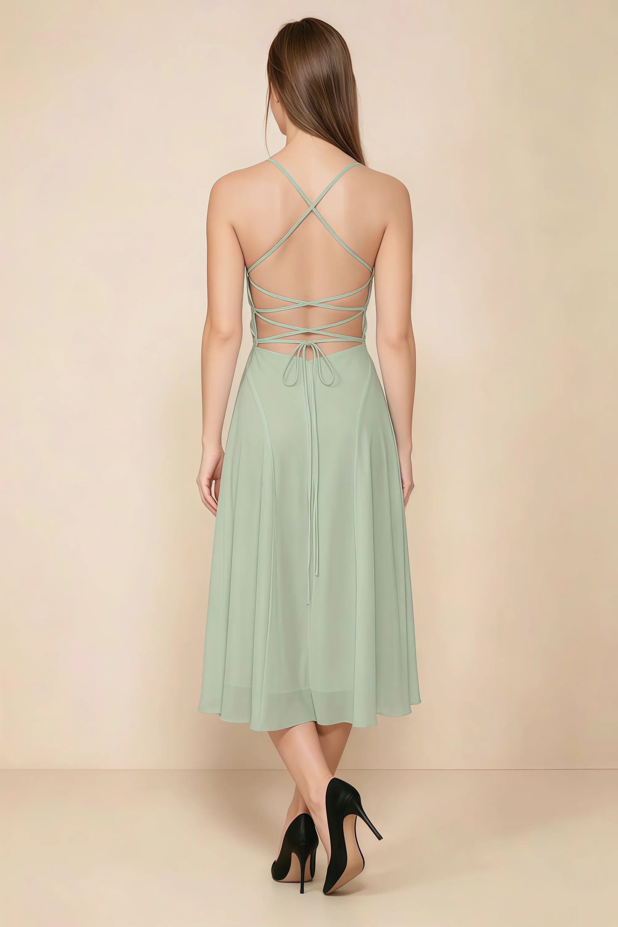 Alina Sage Green Satin Crisscross Lace-Up Back Midi Dress Imagen secundaria del producto