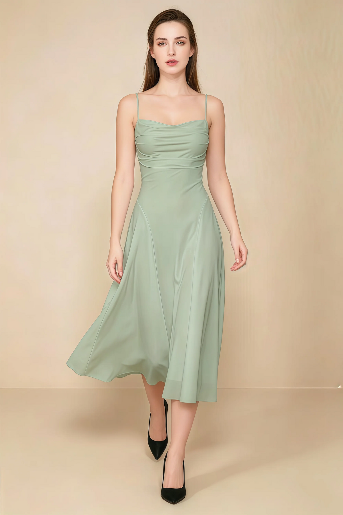 Alina Sage Green Satin Crisscross Lace-Up Back Midi Dress