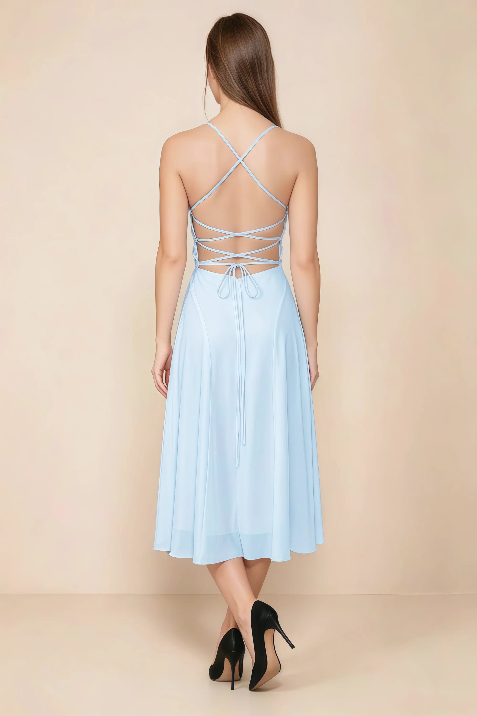 Alina Sky Blue Satin Crisscross Lace-Up Back Midi Dress Secondary image