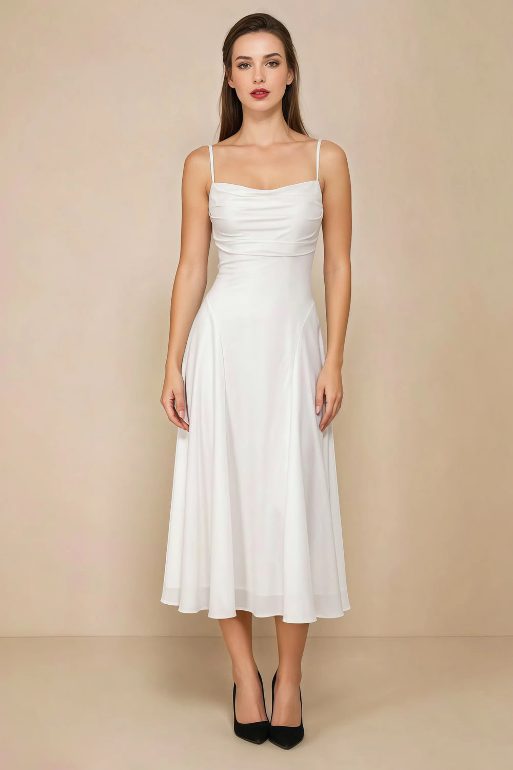 Translation missing: en.Front view of the LVLVS Alina white midi dress, showing the draped neckline, thin shoulder straps and flowing flared skirt. content.product_image_main