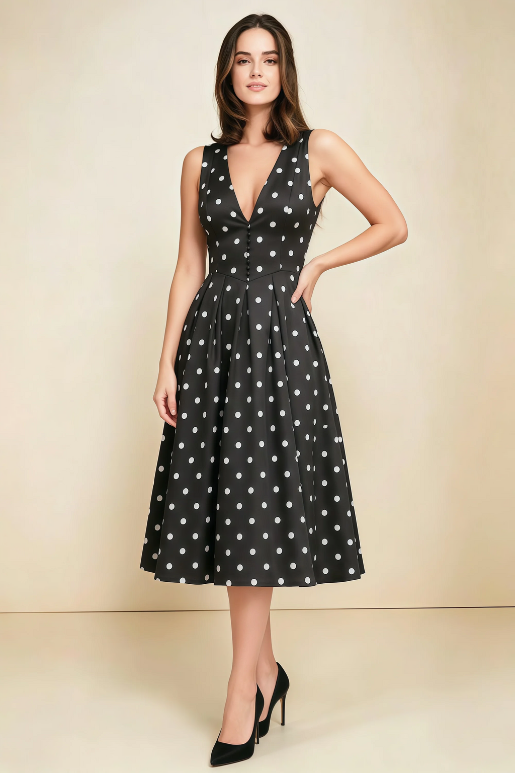 Alison Black Polka Dot V-Neck Structured Midi Dress