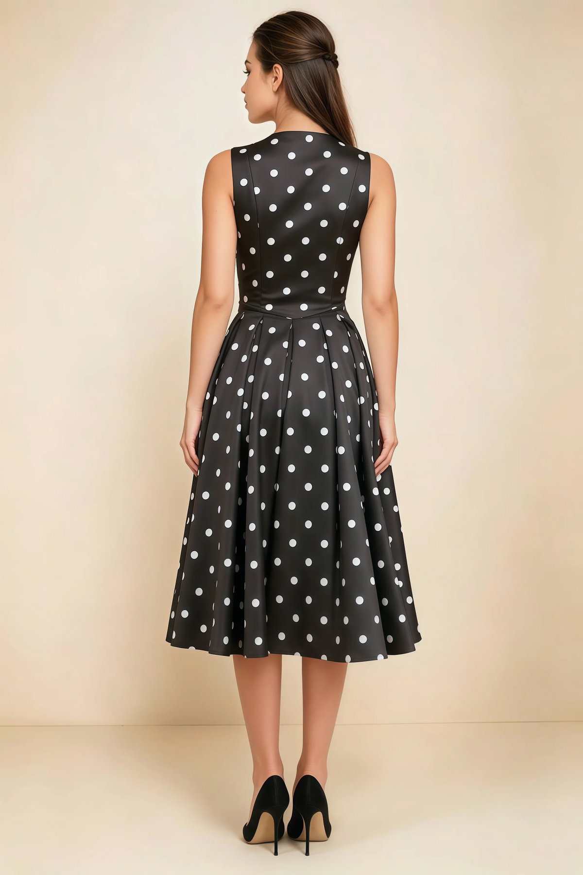 Alison Black Polka Dot V-Neck Structured Midi Dress
