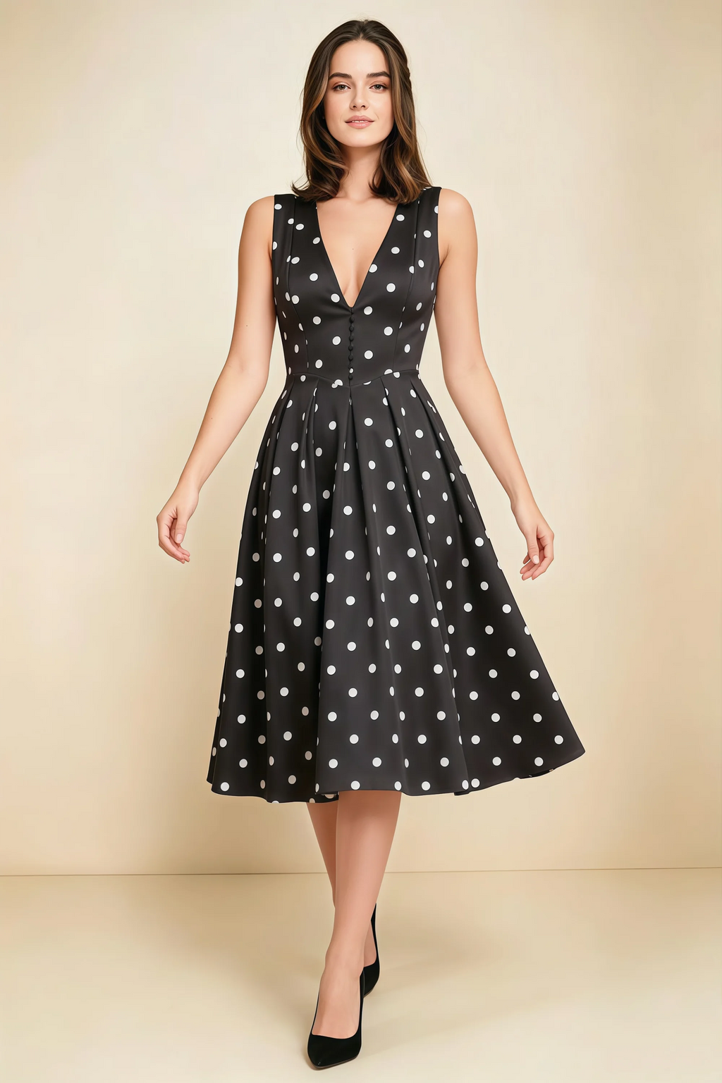 Alison Black Polka Dot V-Neck Structured Midi Dress