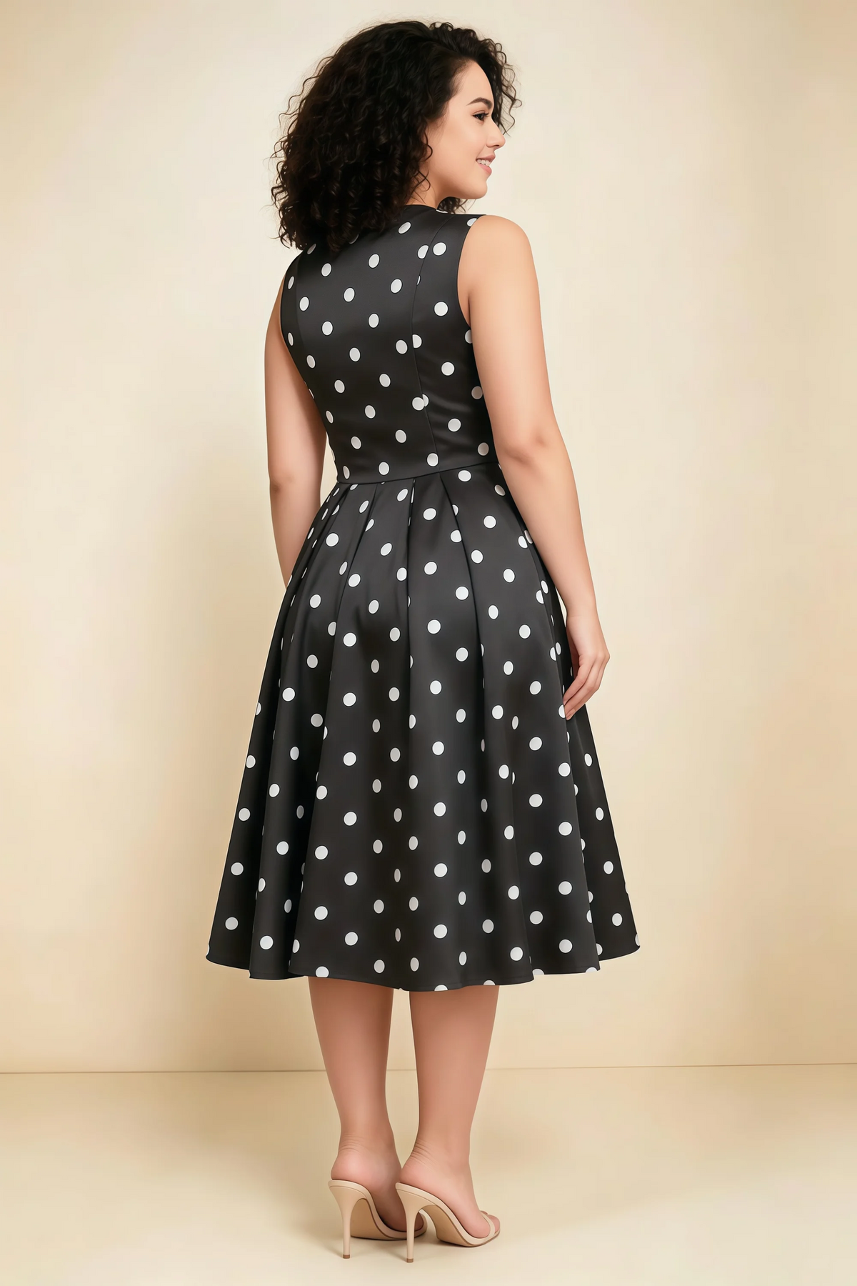 Alison Black Polka Dot V-Neck Structured Midi Dress