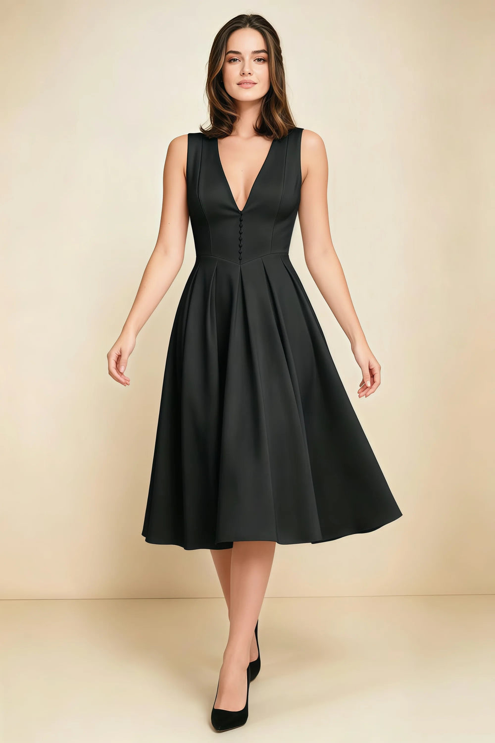 Translation missing: en.Full-length view of the LVLVS Alison black midi dress, showing the sleeveless V-neck bodice, fitted waist and flared pleated skirt. content.product_image_main