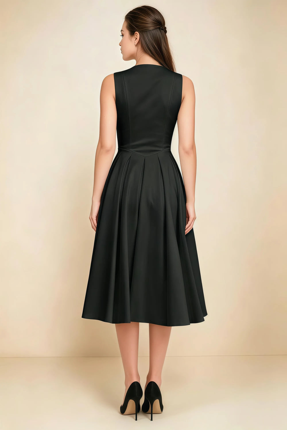 Translation missing: en.Rear view of the LVLVS Alison black midi dress, showing the covered back, shaped waist and full midi skirt. content.product_image_secondary