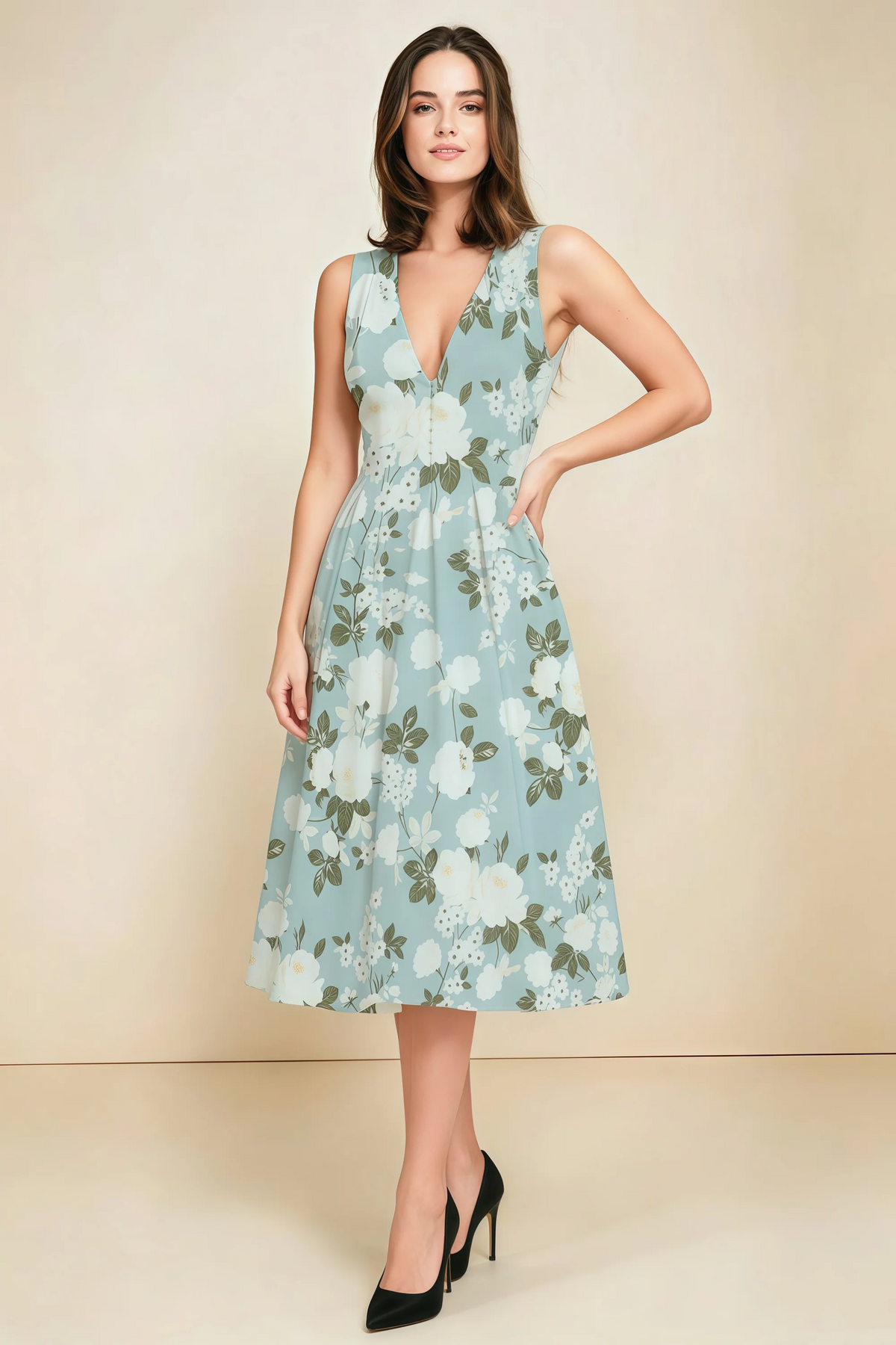 Alison Blue Floral V-Neck Structured Midi Dress