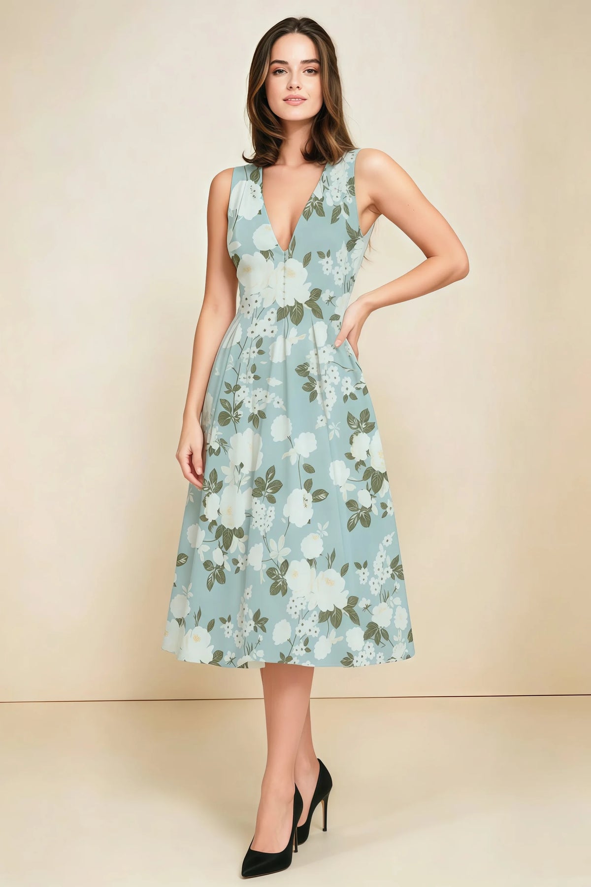 Alison Blue Floral V-Neck Structured Midi Dress Main image