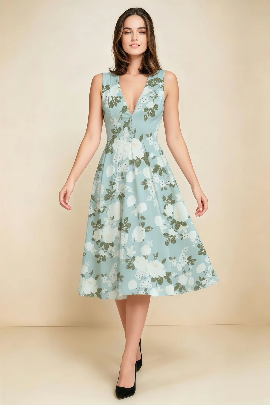 Alison Blue Floral V-Neck Structured Midi Dress