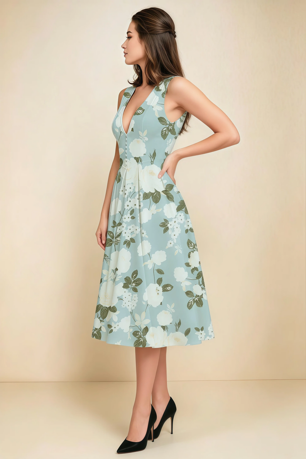Alison Blue Floral V-Neck Structured Midi Dress