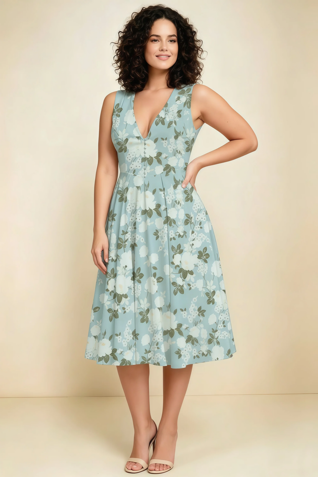 Alison Blue Floral V-Neck Structured Midi Dress