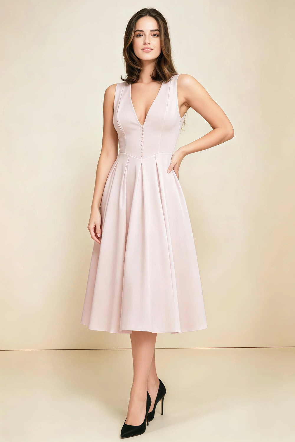 Translation missing: en.Full-length view of the LVLVS Alison blush midi dress, showing the sleeveless V-neck bodice, fitted waist and flared pleated skirt. content.product_image_main