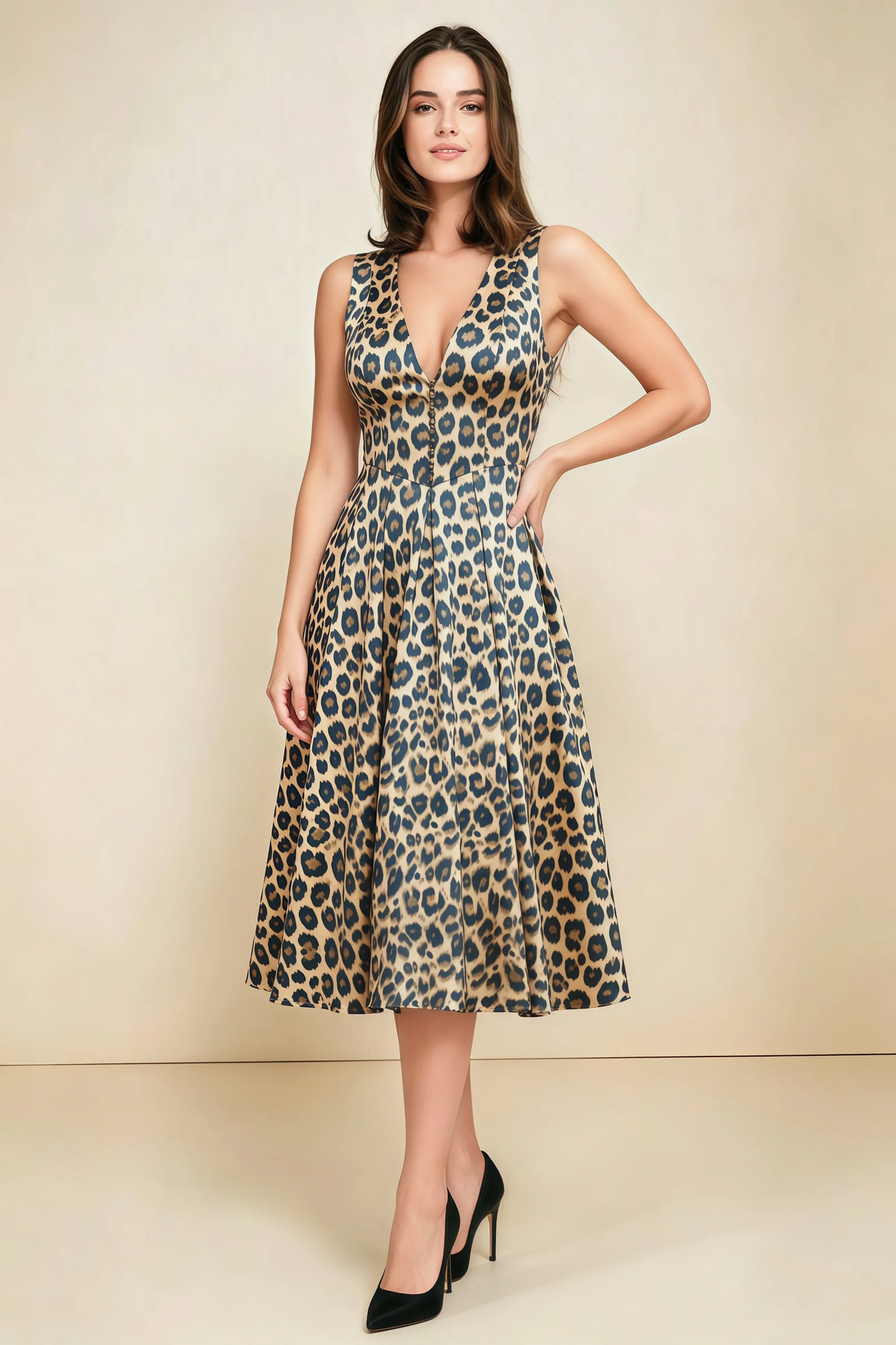 Alison Brown Leopard Print V-Neck Structured Midi Dress