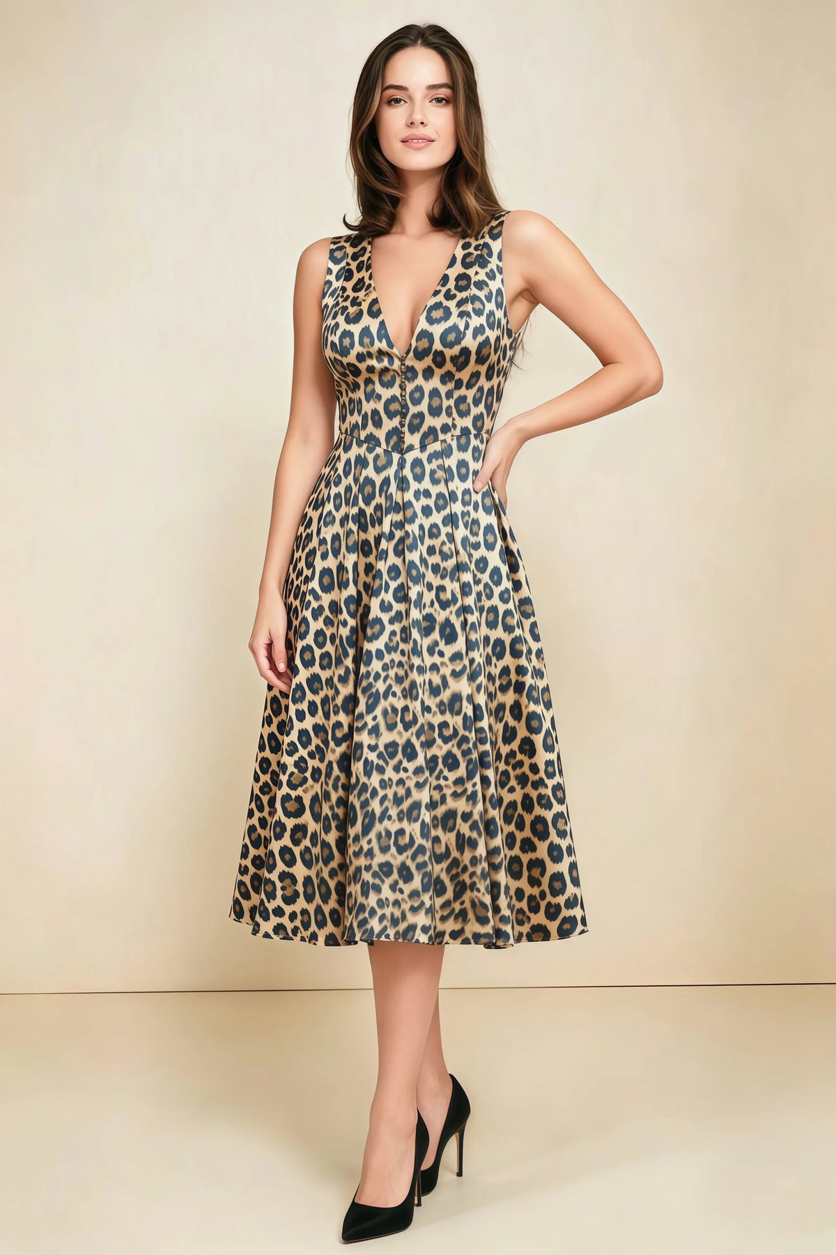 Alison Brown Leopard Print V-Neck Structured Midi Dress Main image