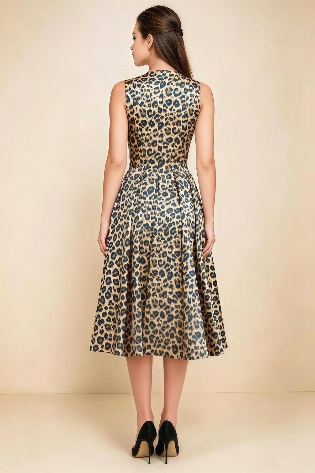 Alison Brown Leopard Print V-Neck Structured Midi Dress