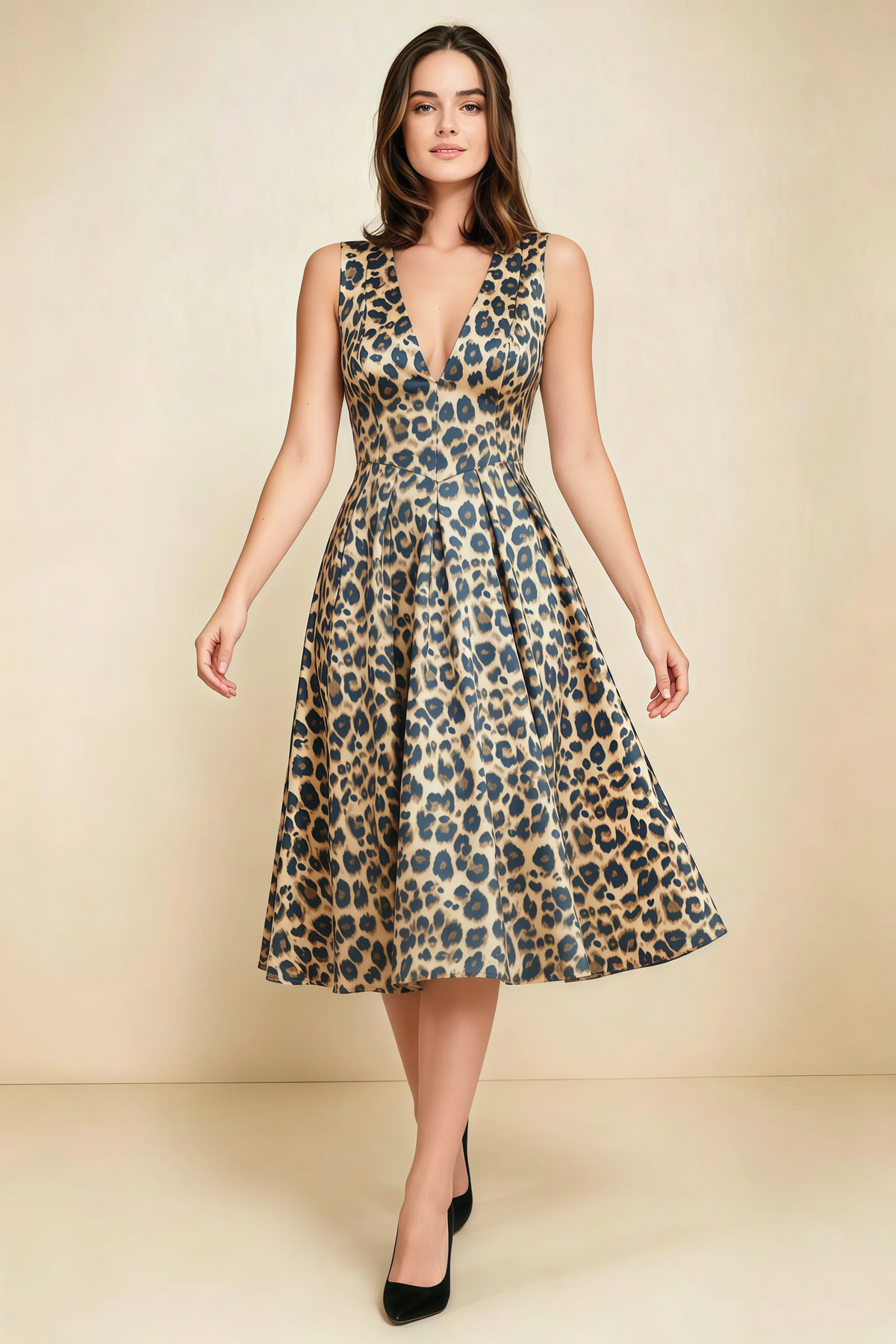 Alison Brown Leopard Print V-Neck Structured Midi Dress