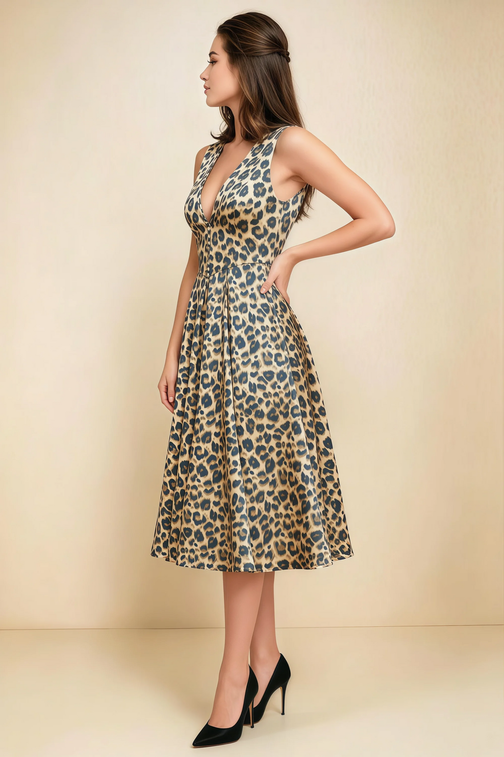 Alison Brown Leopard Print V-Neck Structured Midi Dress
