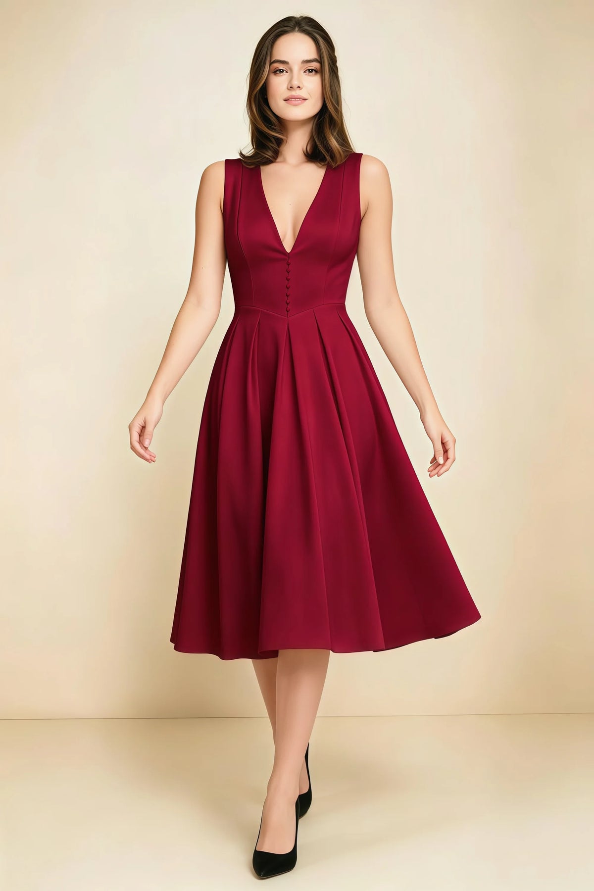 Alison Burgundy V-Neck Structured Midi Dress Imagen principal del producto