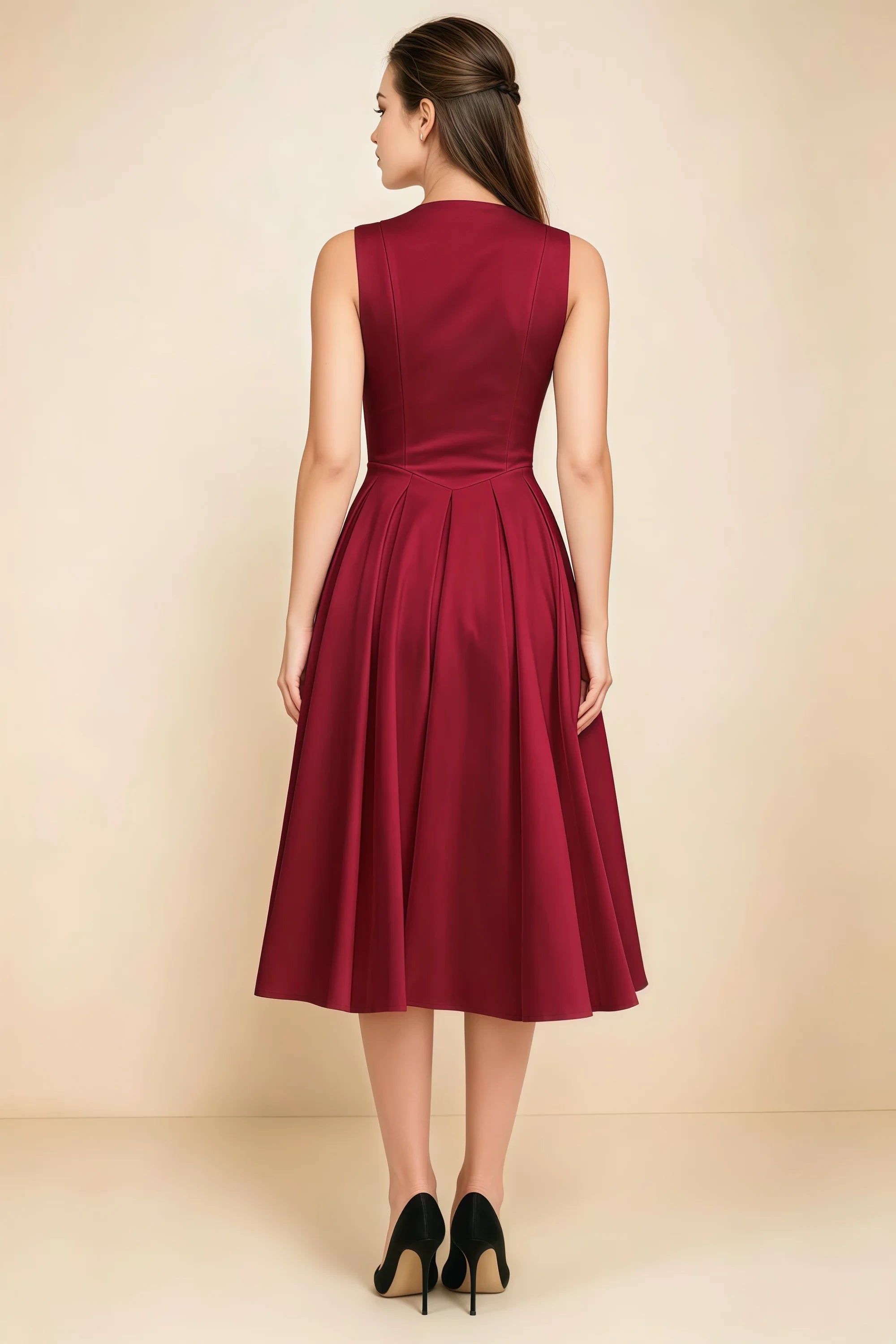 Alison Burgundy V-Neck Structured Midi Dress Imagen secundaria del producto