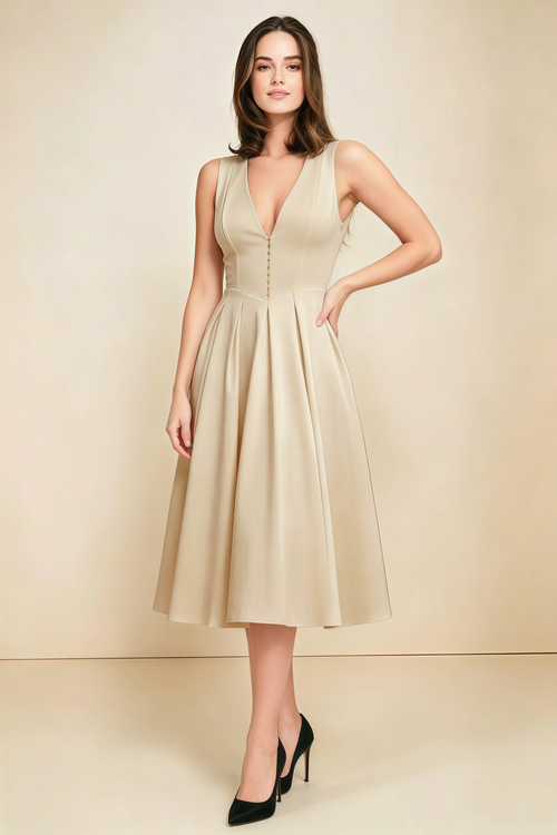 Alison Champagne V-Neck Structured Midi Dress