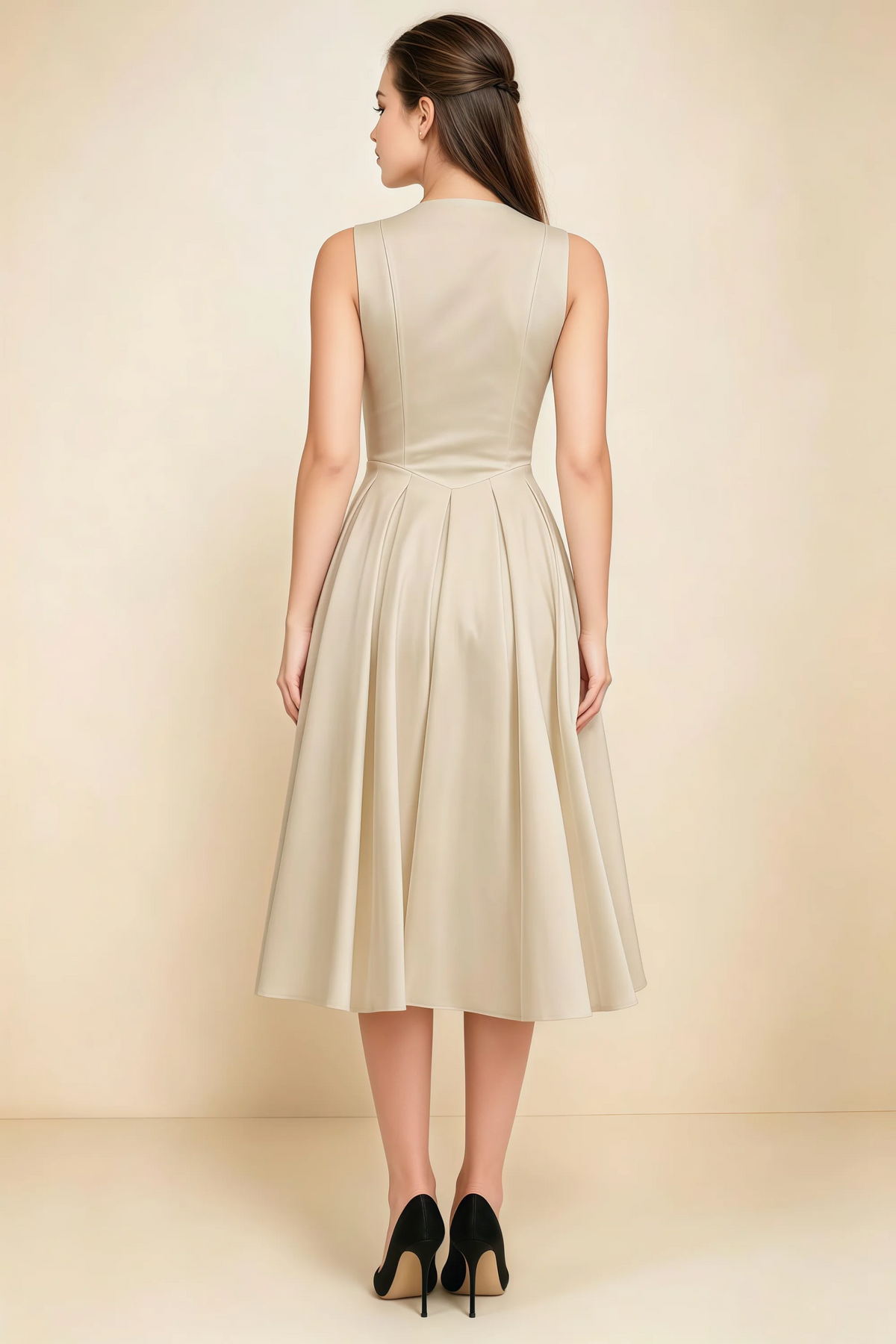 Alison Champagne V-Neck Structured Midi Dress