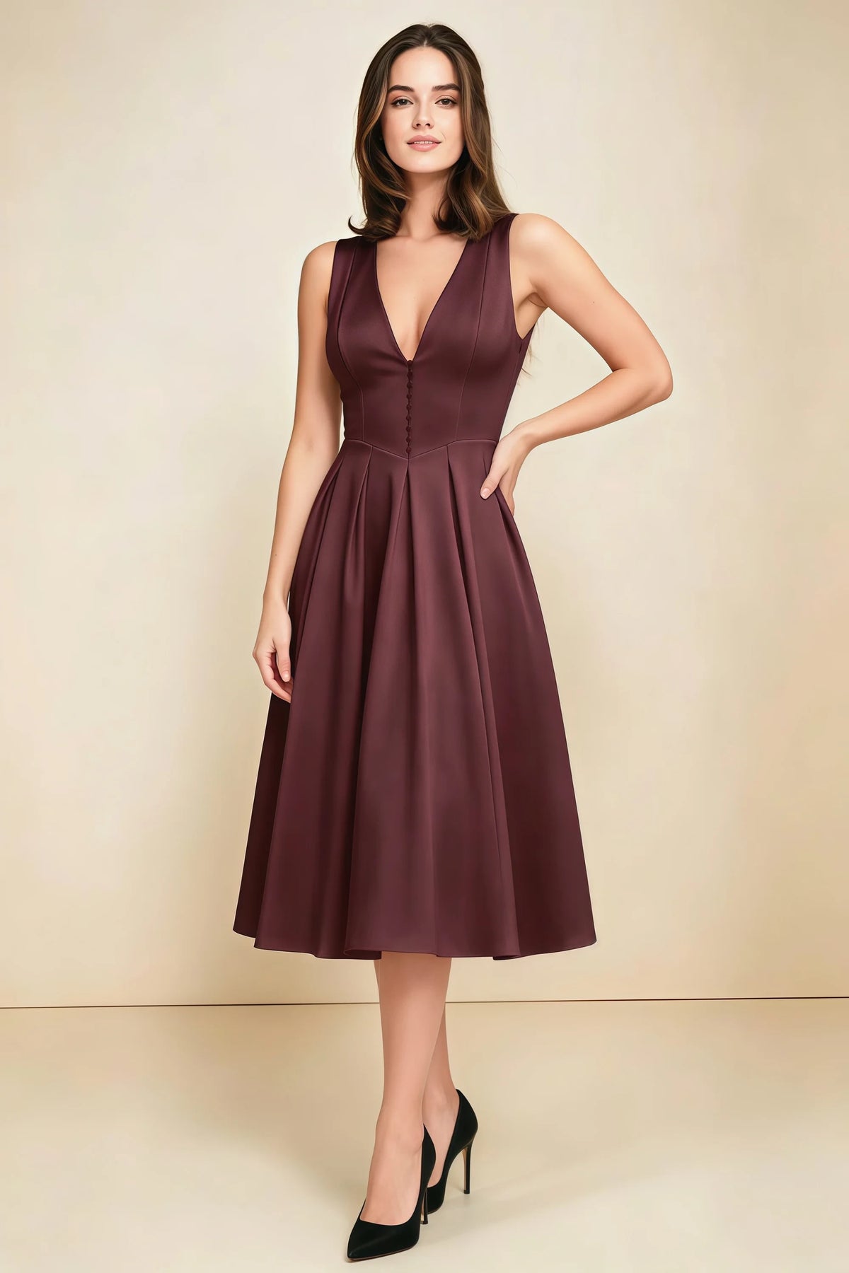 Alison Chocolate Brown V-Neck Structured Midi Dress Main image