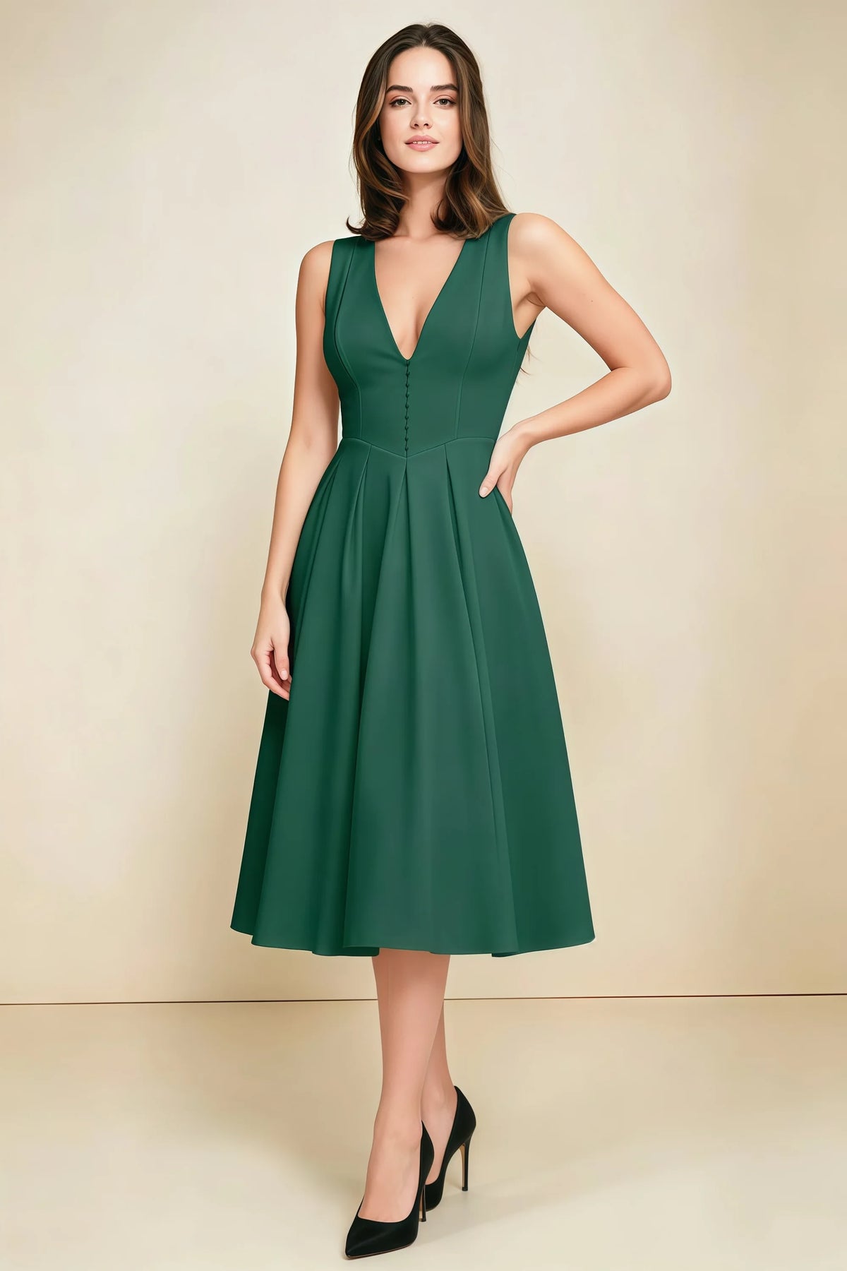Alison Dark Green V-Neck Structured Midi Dress Imagen principal del producto