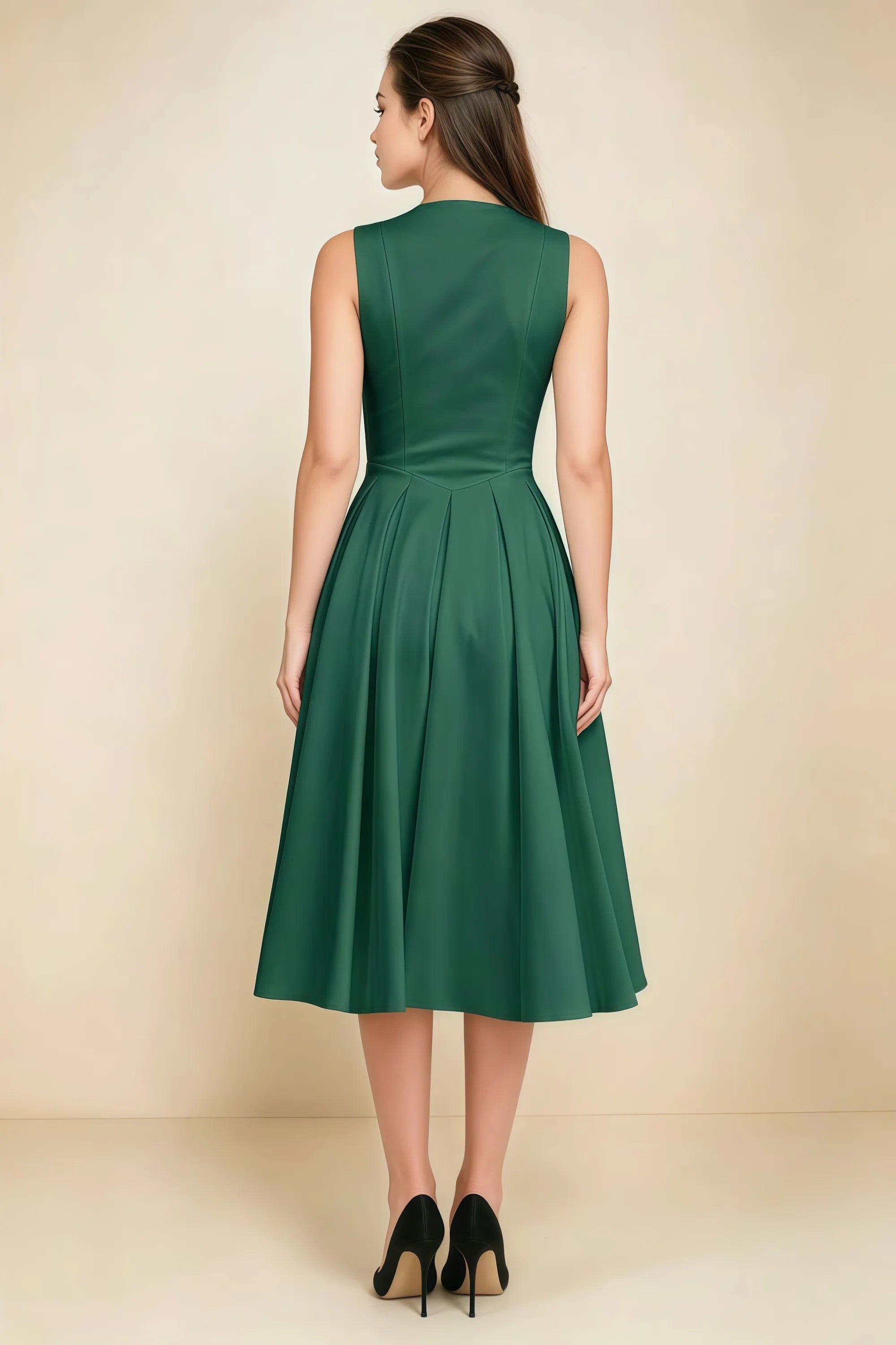 Alison Dark Green V-Neck Structured Midi Dress Imagen secundaria del producto
