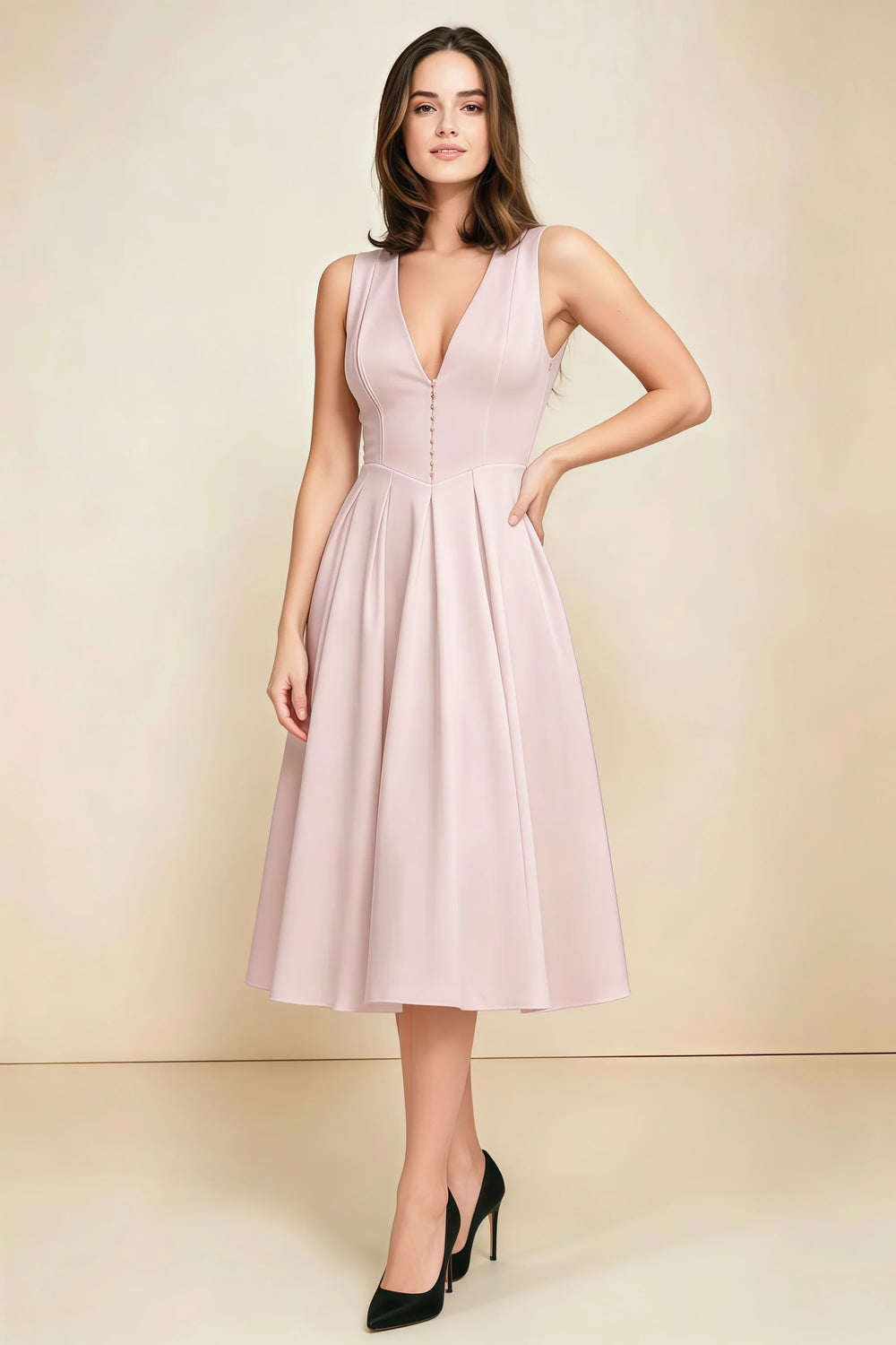 Translation missing: en.Full-length view of the LVLVS Alison dusty rose midi dress, showing the sleeveless V-neck bodice, fitted waist and flared pleated skirt. content.product_image_main