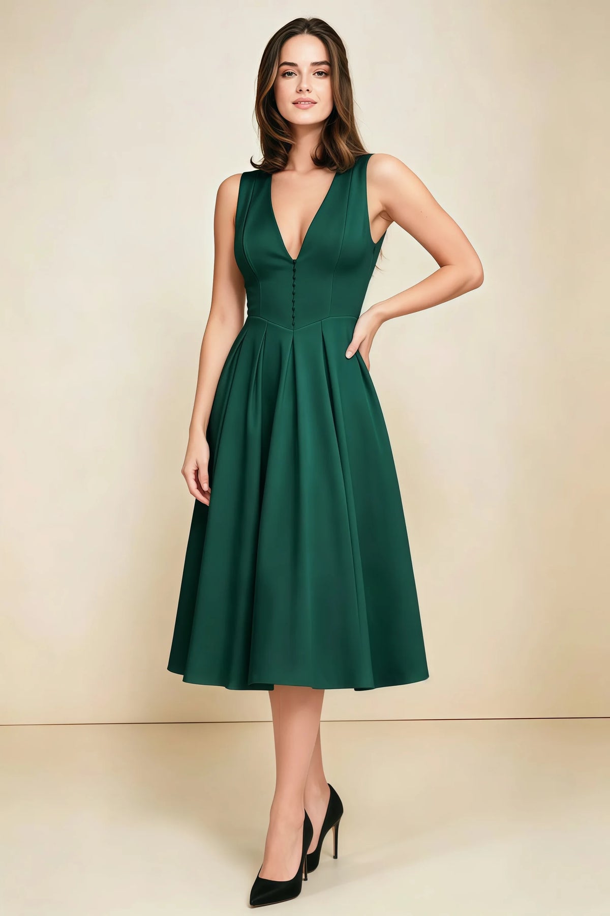 Alison Emerald Green V-Neck Structured Midi Dress Imagen principal del producto