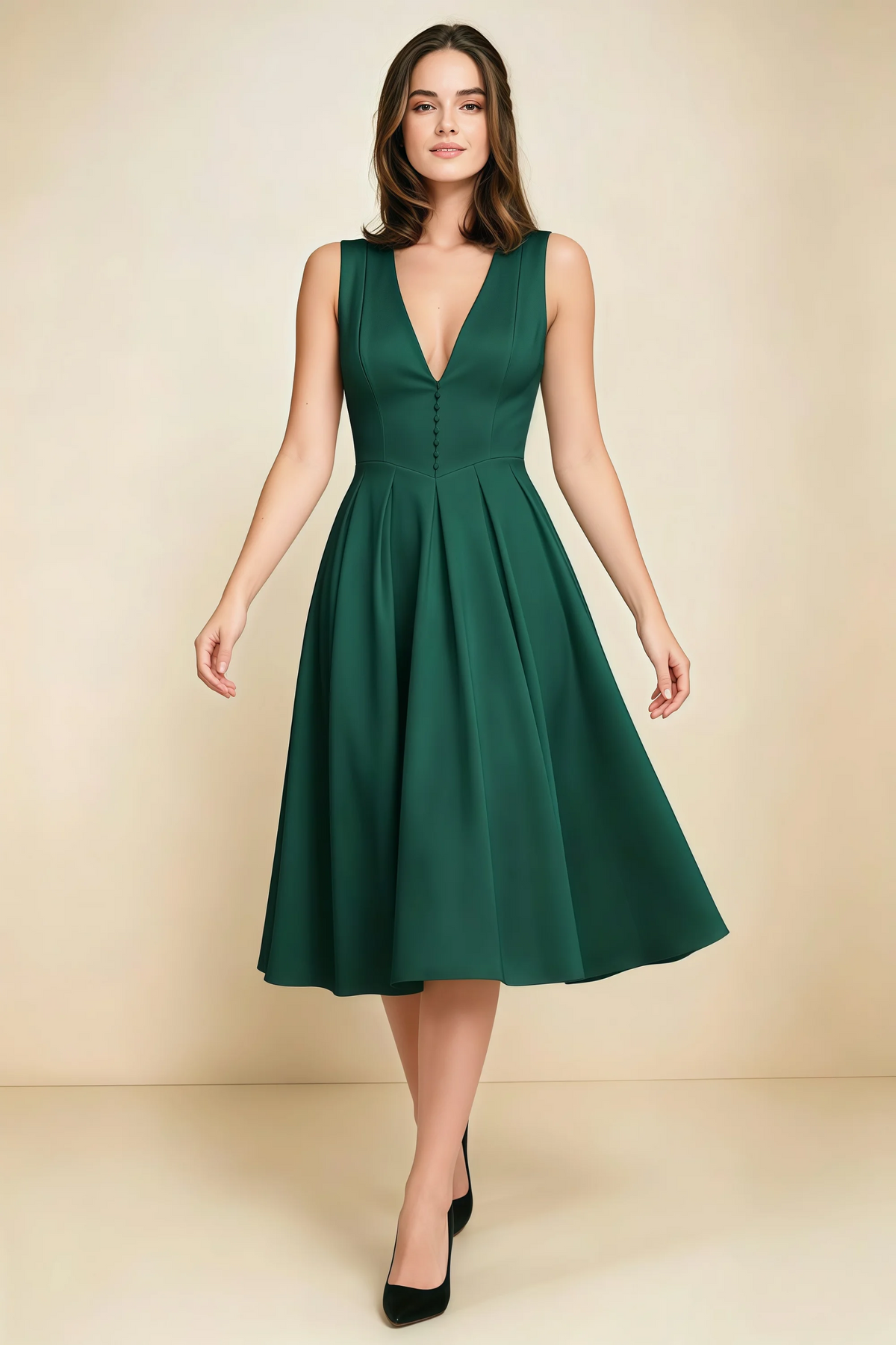 Alison Emerald Green V-Neck Structured Midi Dress