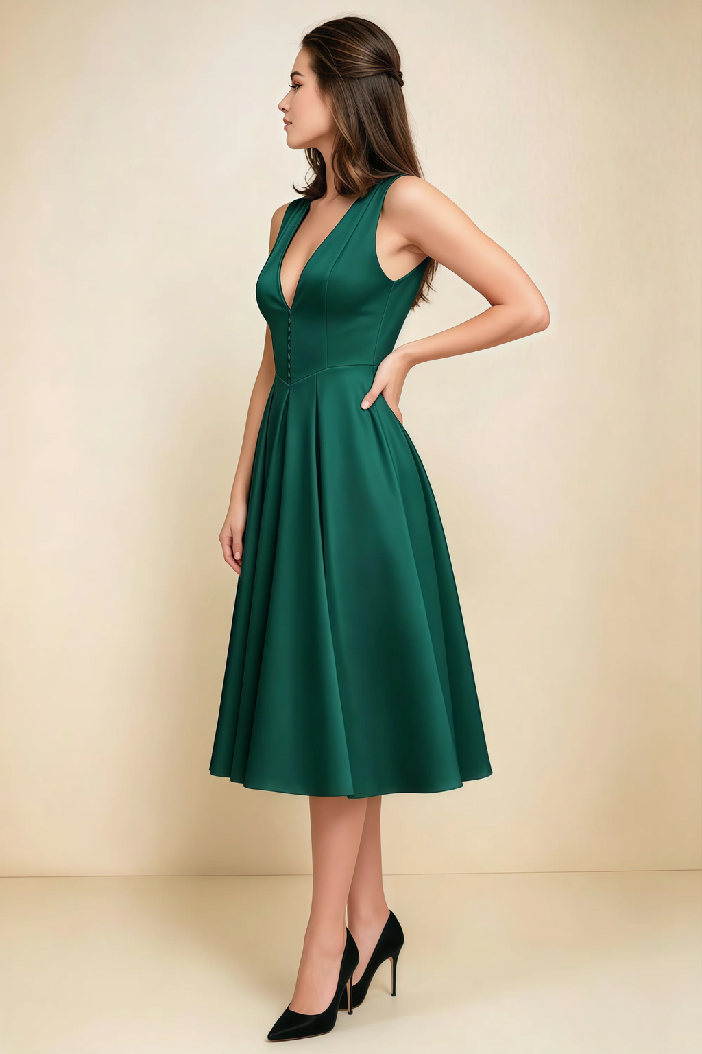 Alison Emerald Green V-Neck Structured Midi Dress