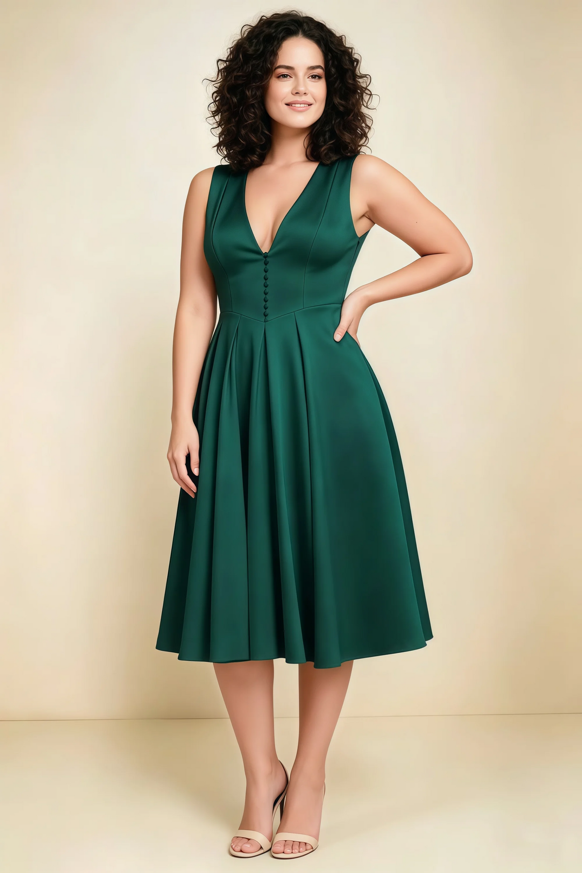 Alison Emerald Green V-Neck Structured Midi Dress