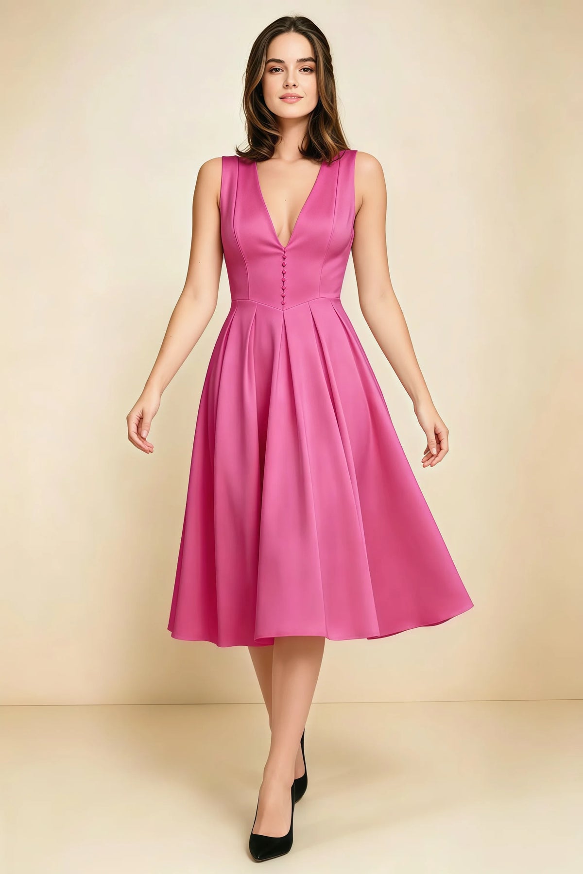 Alison Fuchsia V-Neck Structured Midi Dress Imagen principal del producto