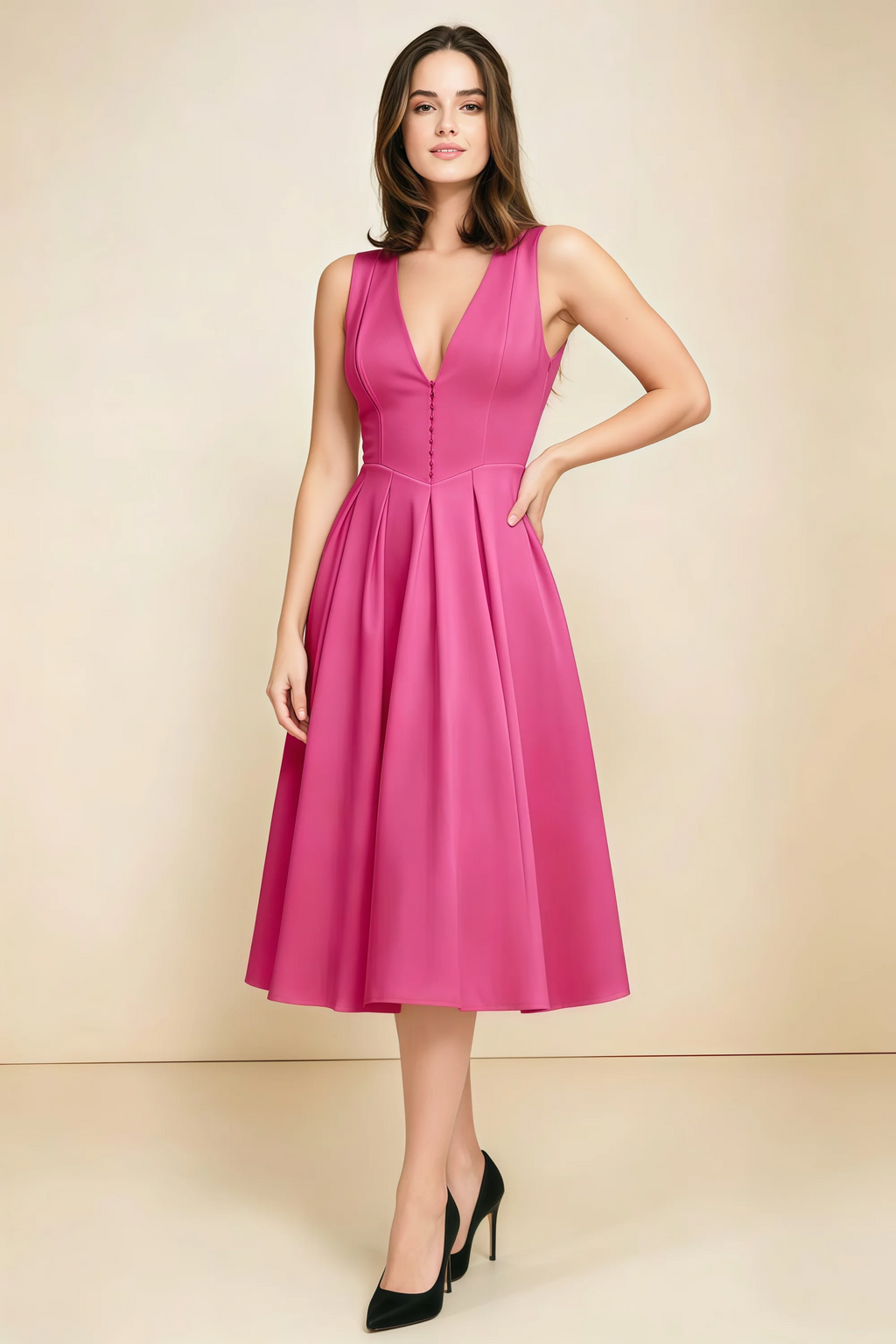 Alison Fuchsia V-Neck Structured Midi Dress